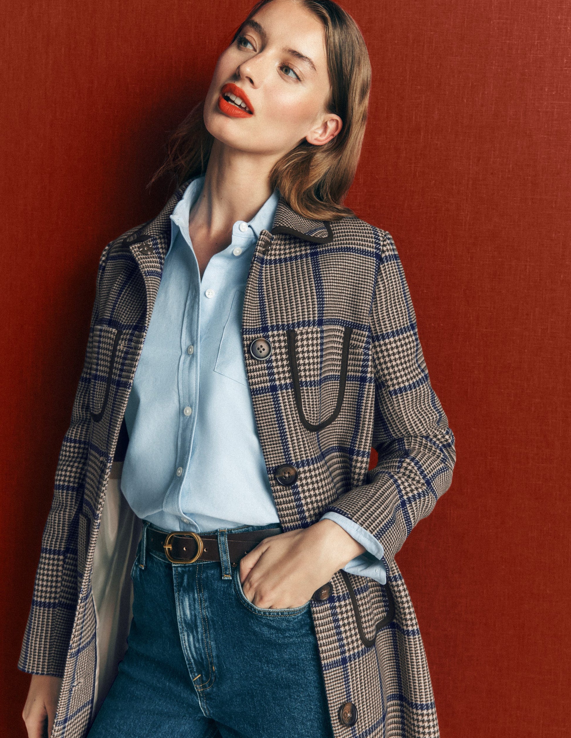 Patch Pocket Wool Blend Coat-Maroon, Teal Prince of Wales-2