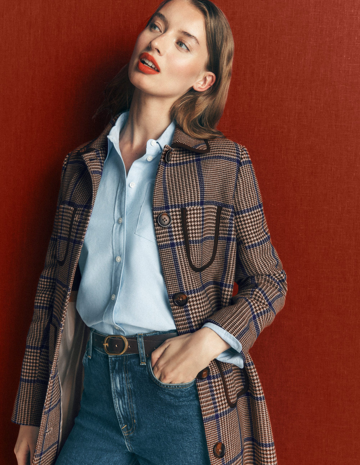 Patch Pocket Wool Blend Coat-Maroon, Teal Prince of Wales-2