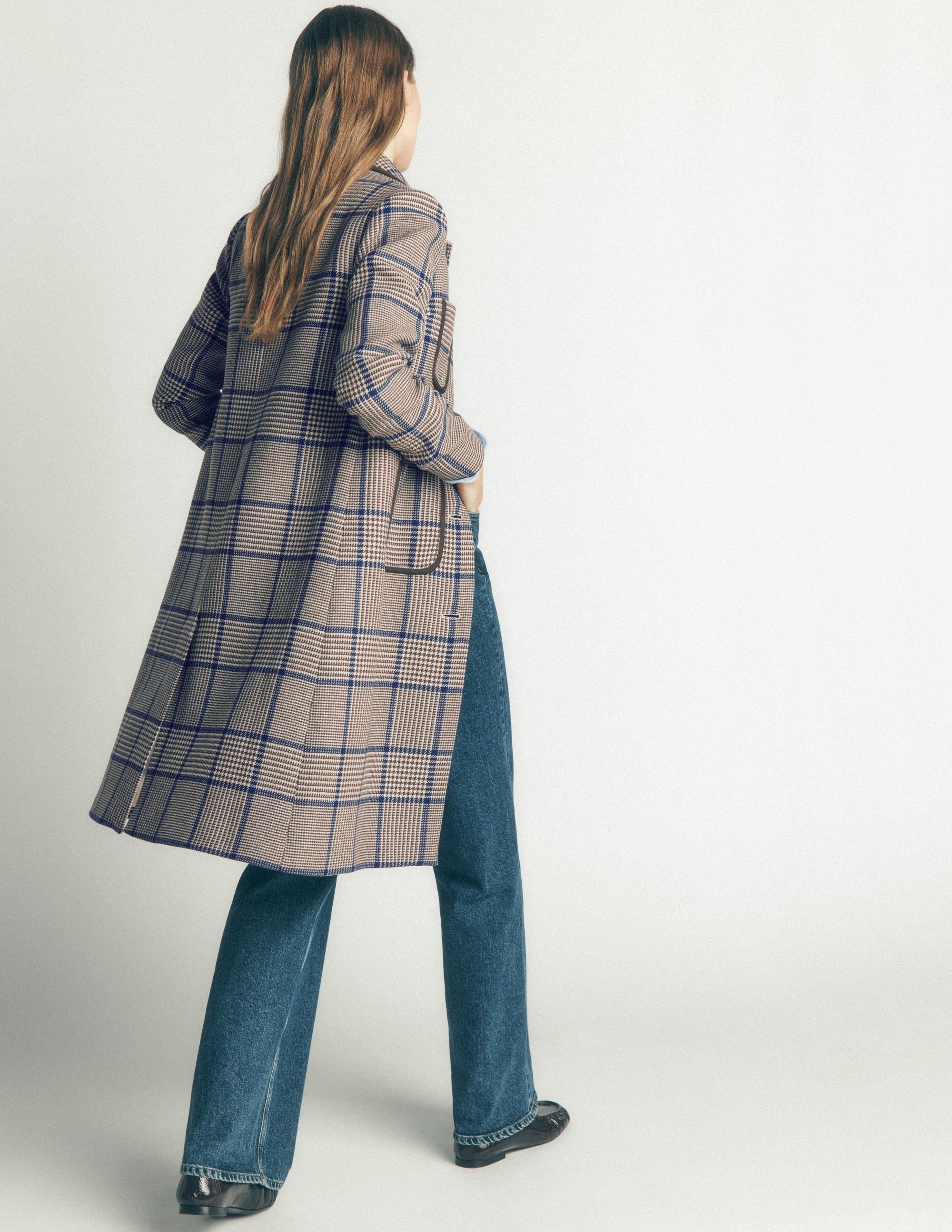 Patch Pocket Wool Blend Coat-Maroon, Teal Prince of Wales - Image 5