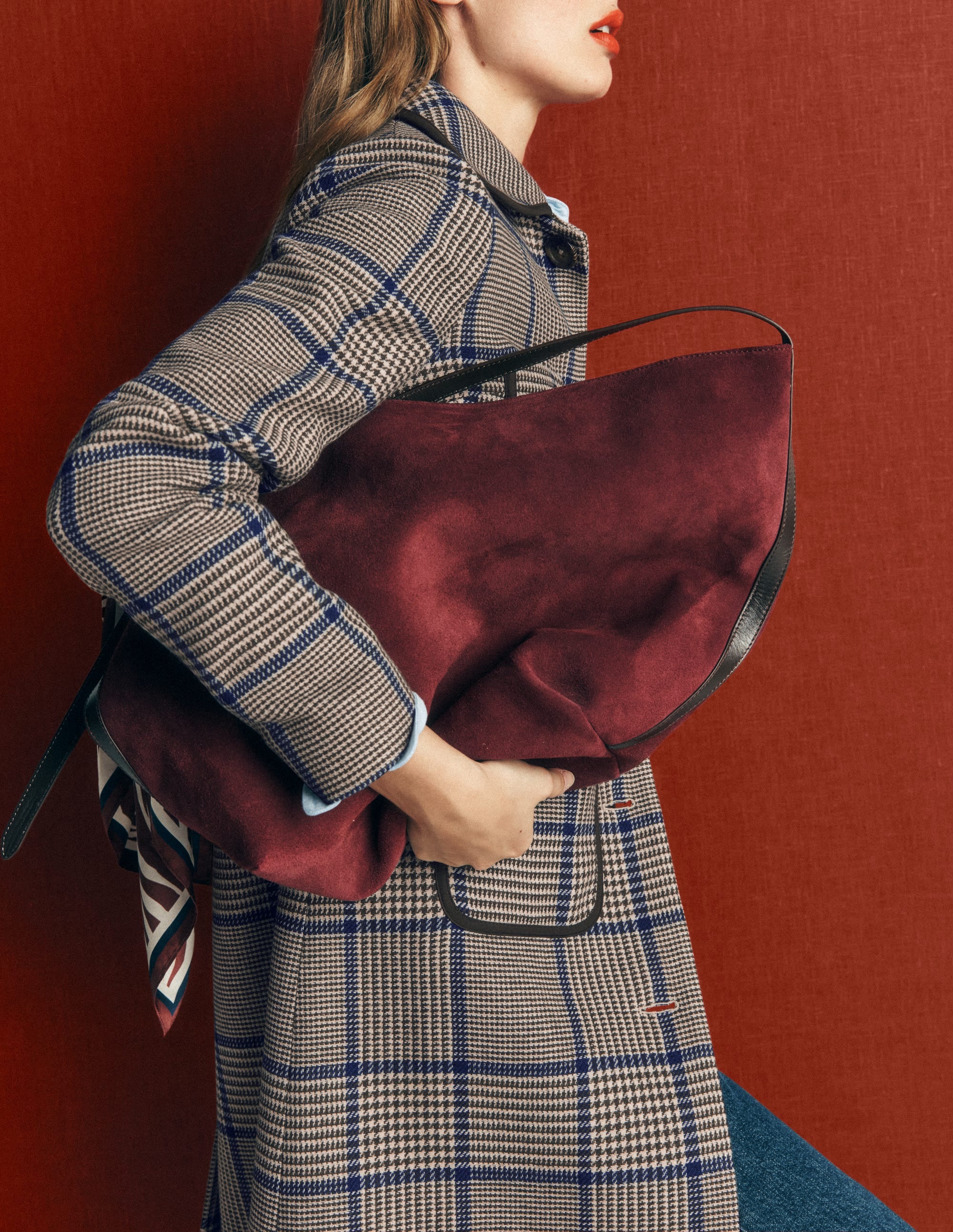 Patch Pocket Wool Blend Coat-Maroon, Teal Prince of Wales - Image 3