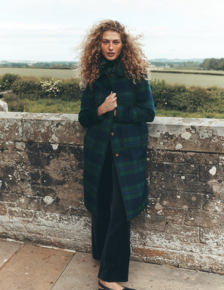 Patch Pocket Wool Blend Coat-Navy, Green and Blue Check