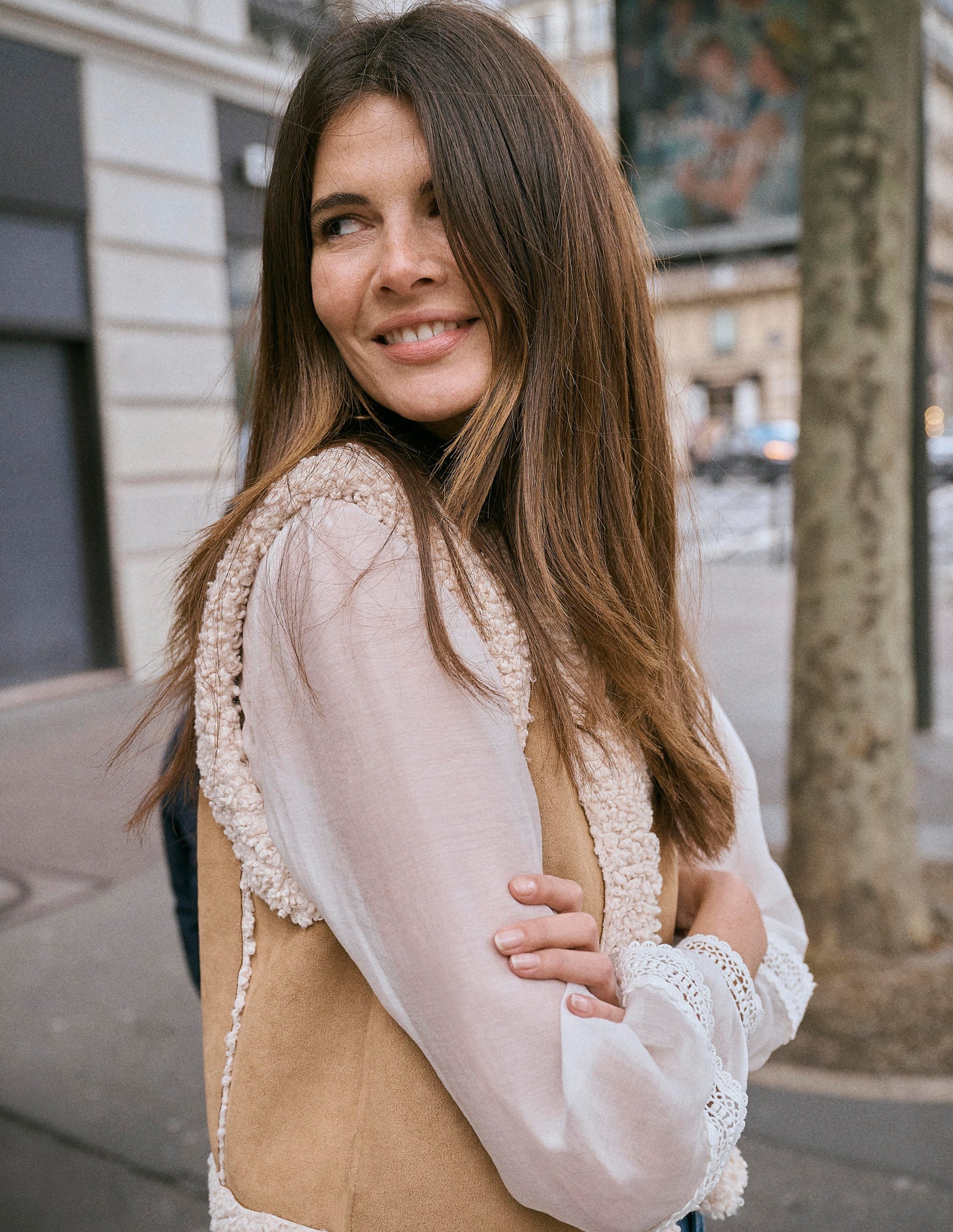 Borg Trim Cotton Gilet-Sand-2