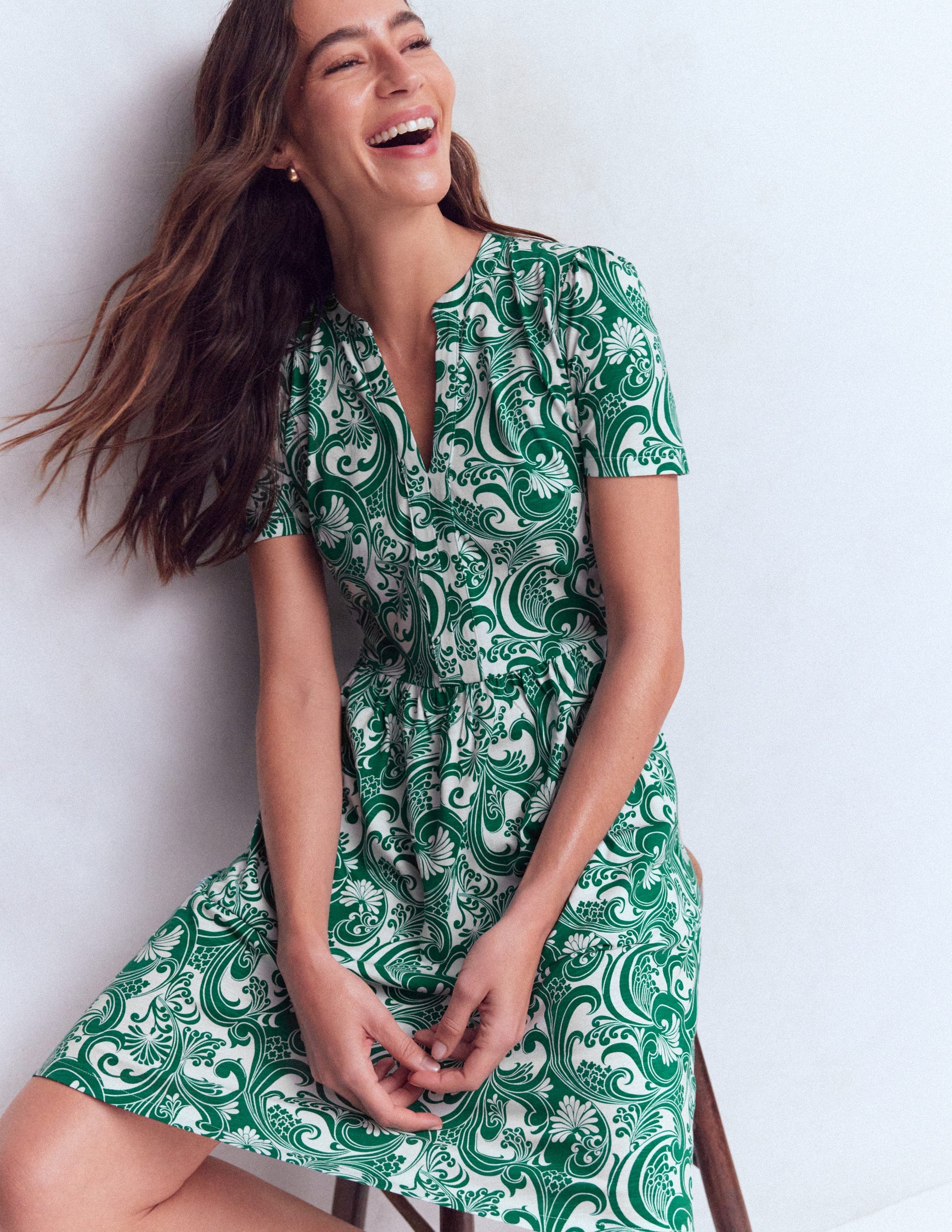 Naomi Short Sleeve Dress-Jewel Green, Foliage Whirl-1