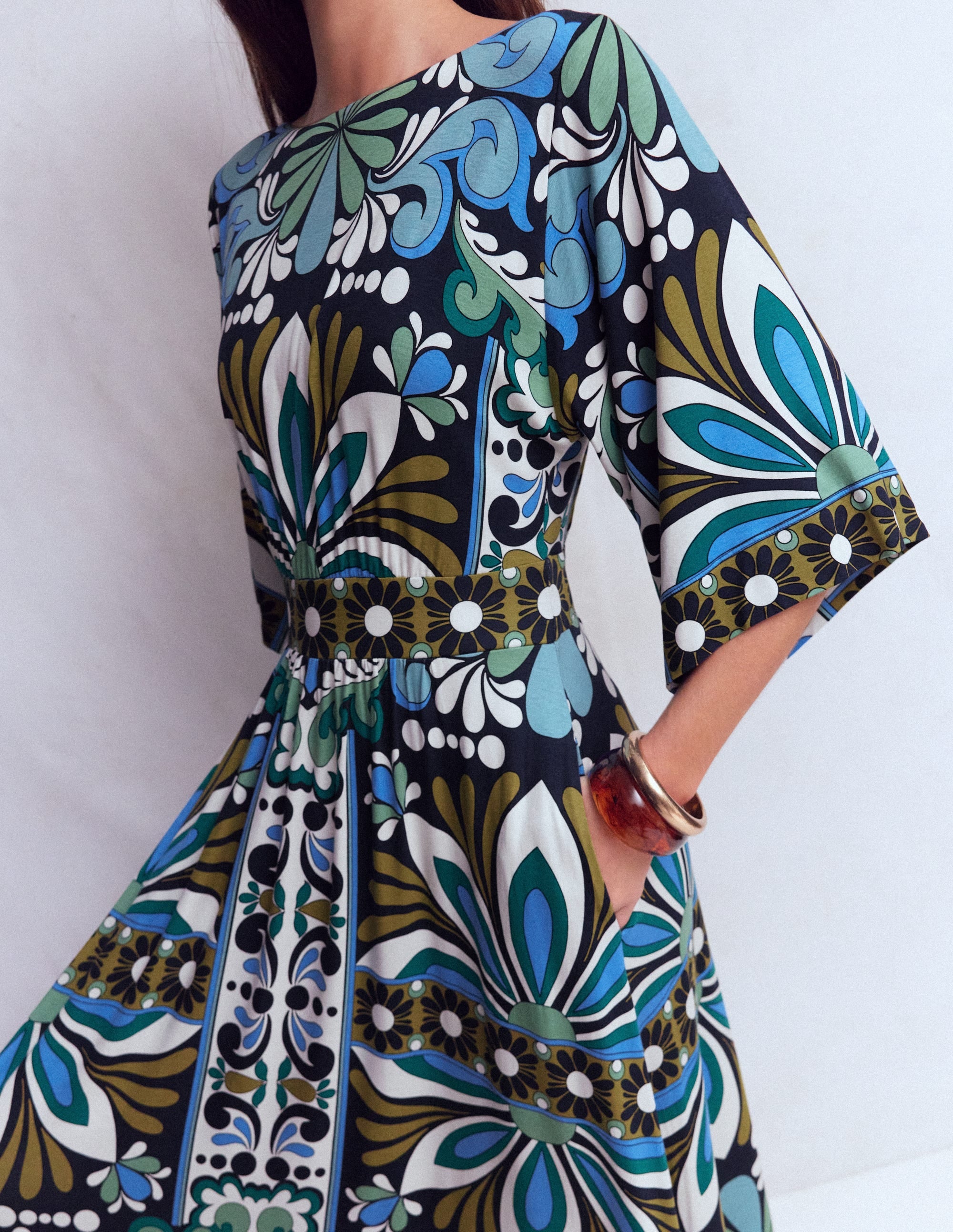 Imelda Kimono Jersey Dress-Navy, Bloom Tapestry - Image 3