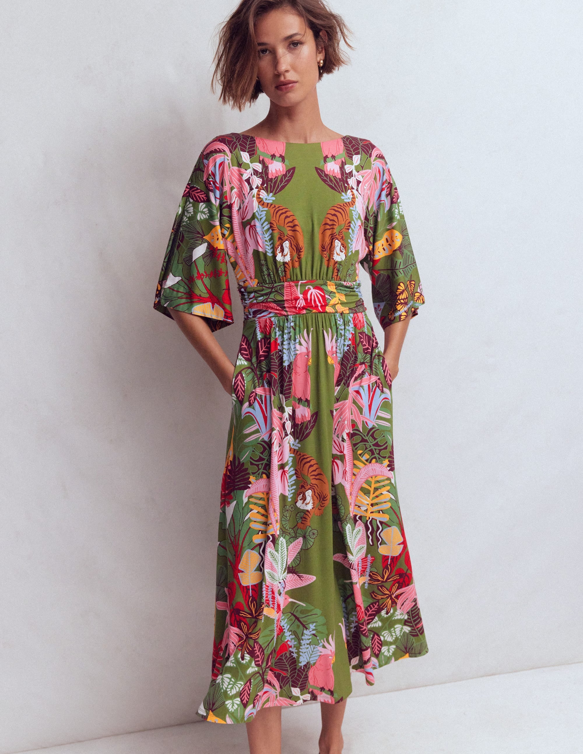 Imelda Kimono Jersey Dress-Olive, Tropical Safari | Boden Global