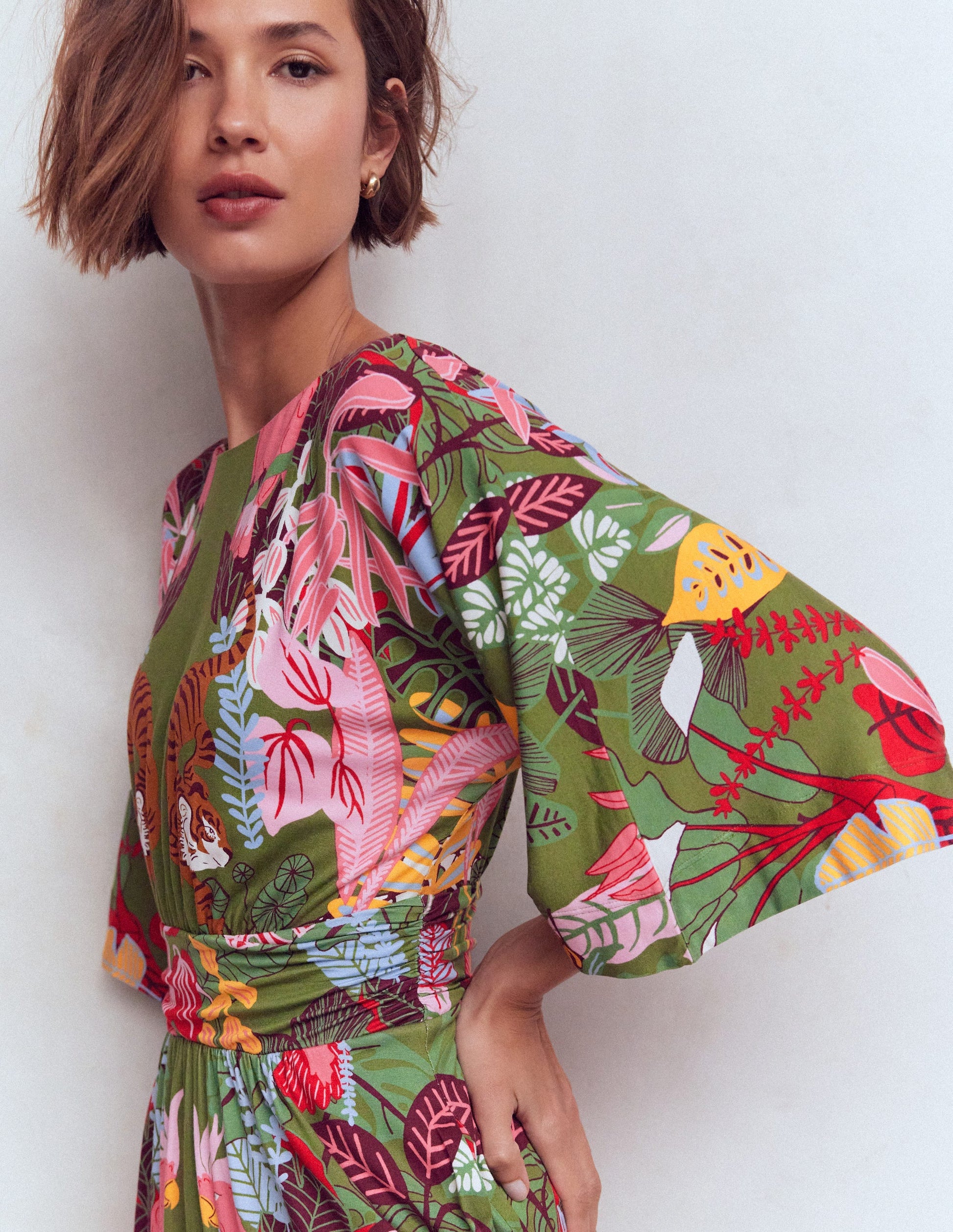 Imelda Kimono Jersey Dress-Olive, Tropical Safari-2