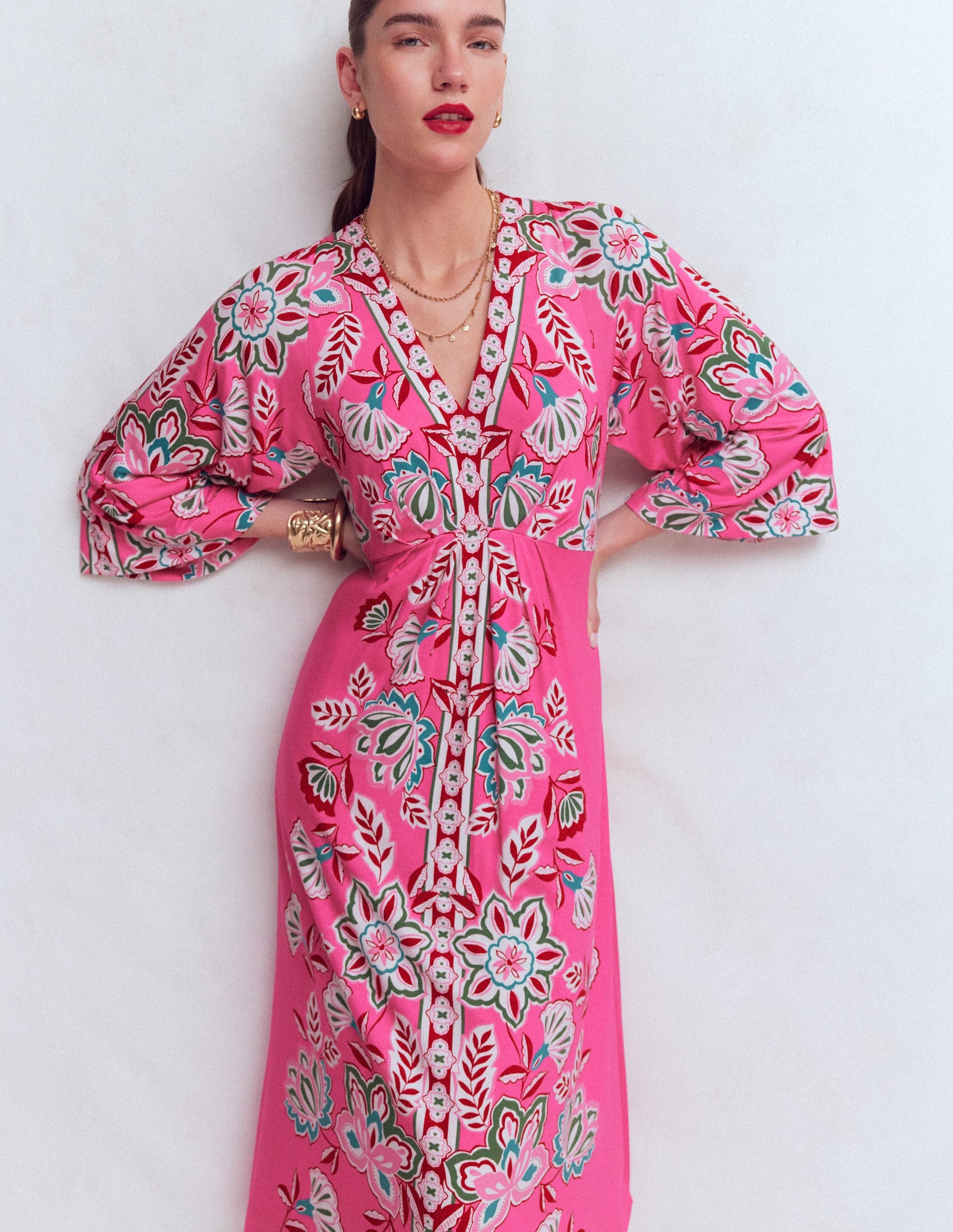 Nell Kimono Midi Jersey Dress-Pink, Blossom Elegance-3