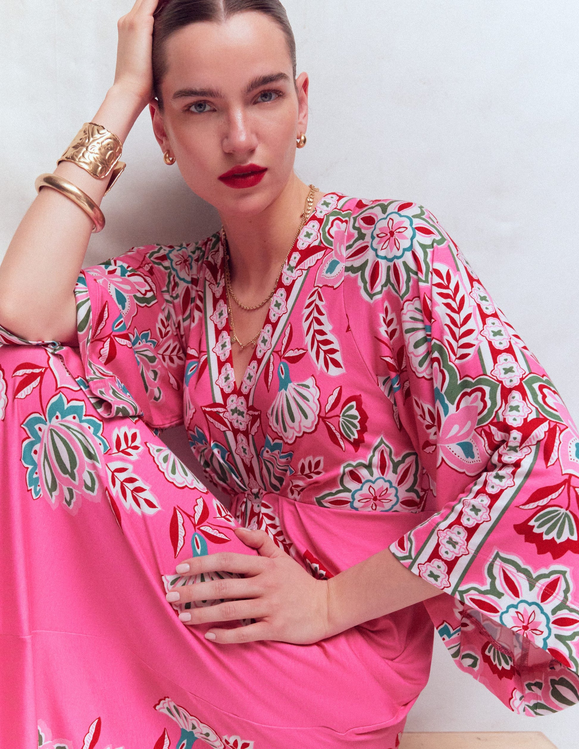 midi kimono dress Nell Kimono Midi Jersey Dress-Pink, Blossom Elegance