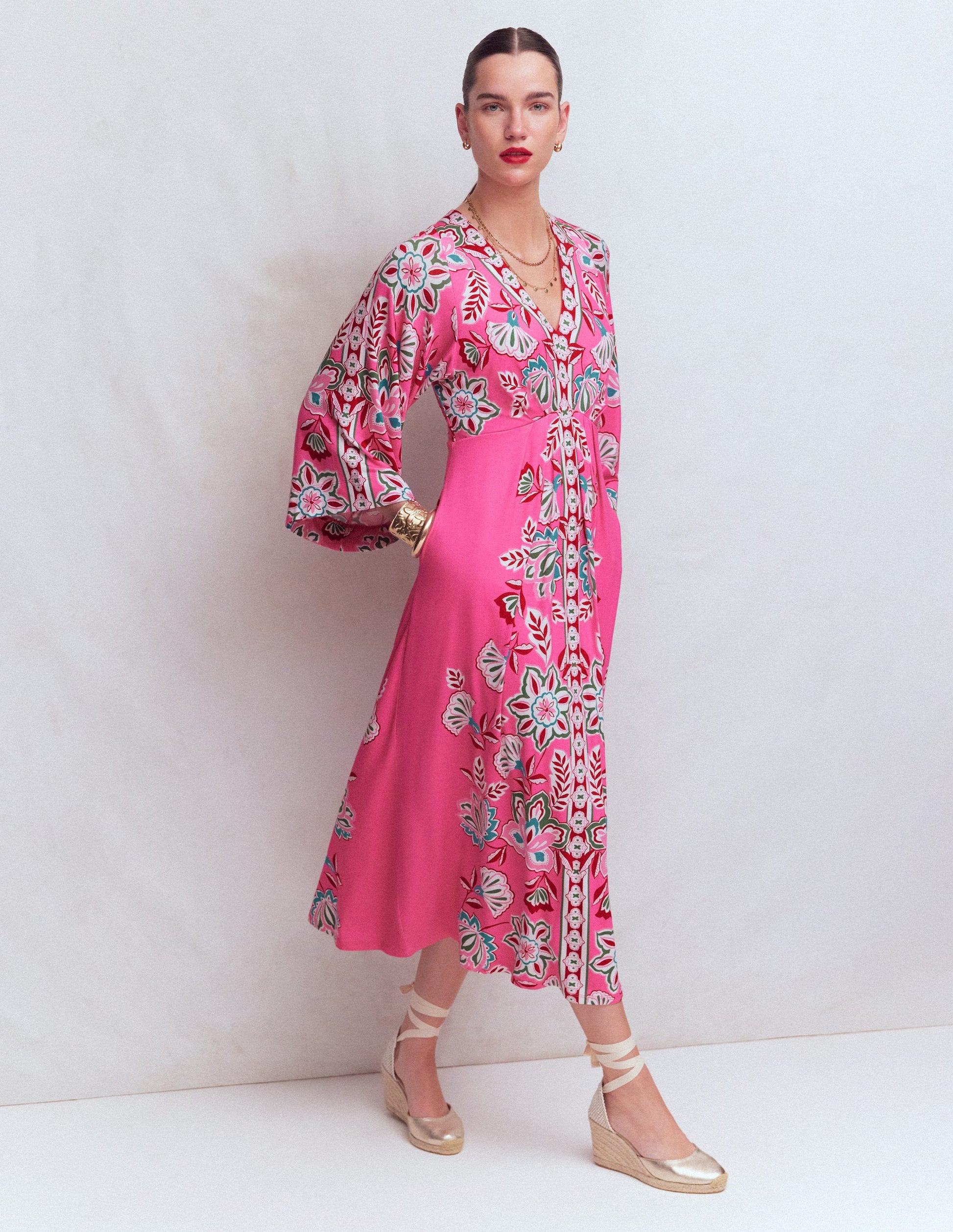 Nell Kimono Midi Jersey Dress-Pink, Blossom Elegance-5
