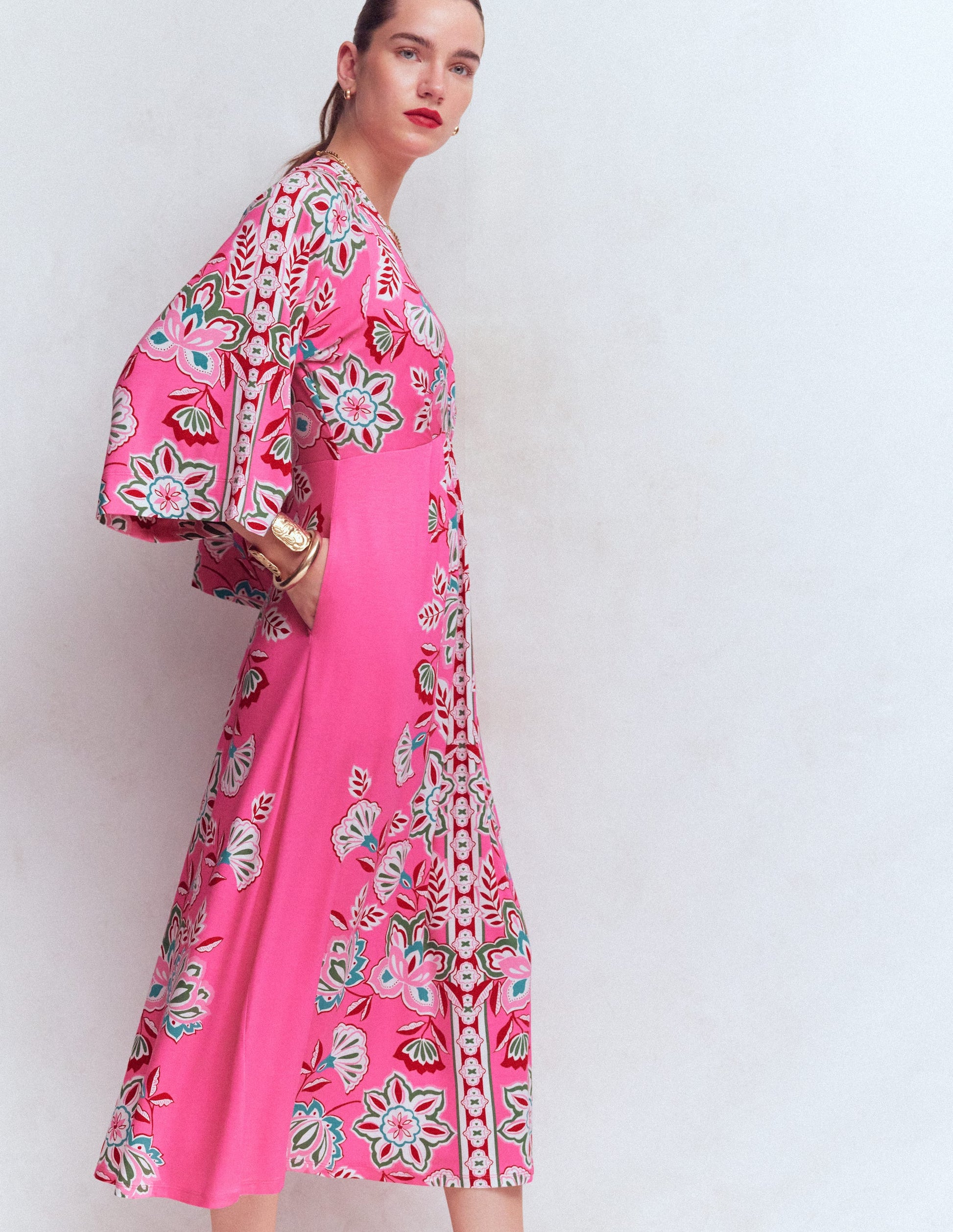 Nell Kimono Midi Jersey Dress-Pink, Blossom Elegance-6