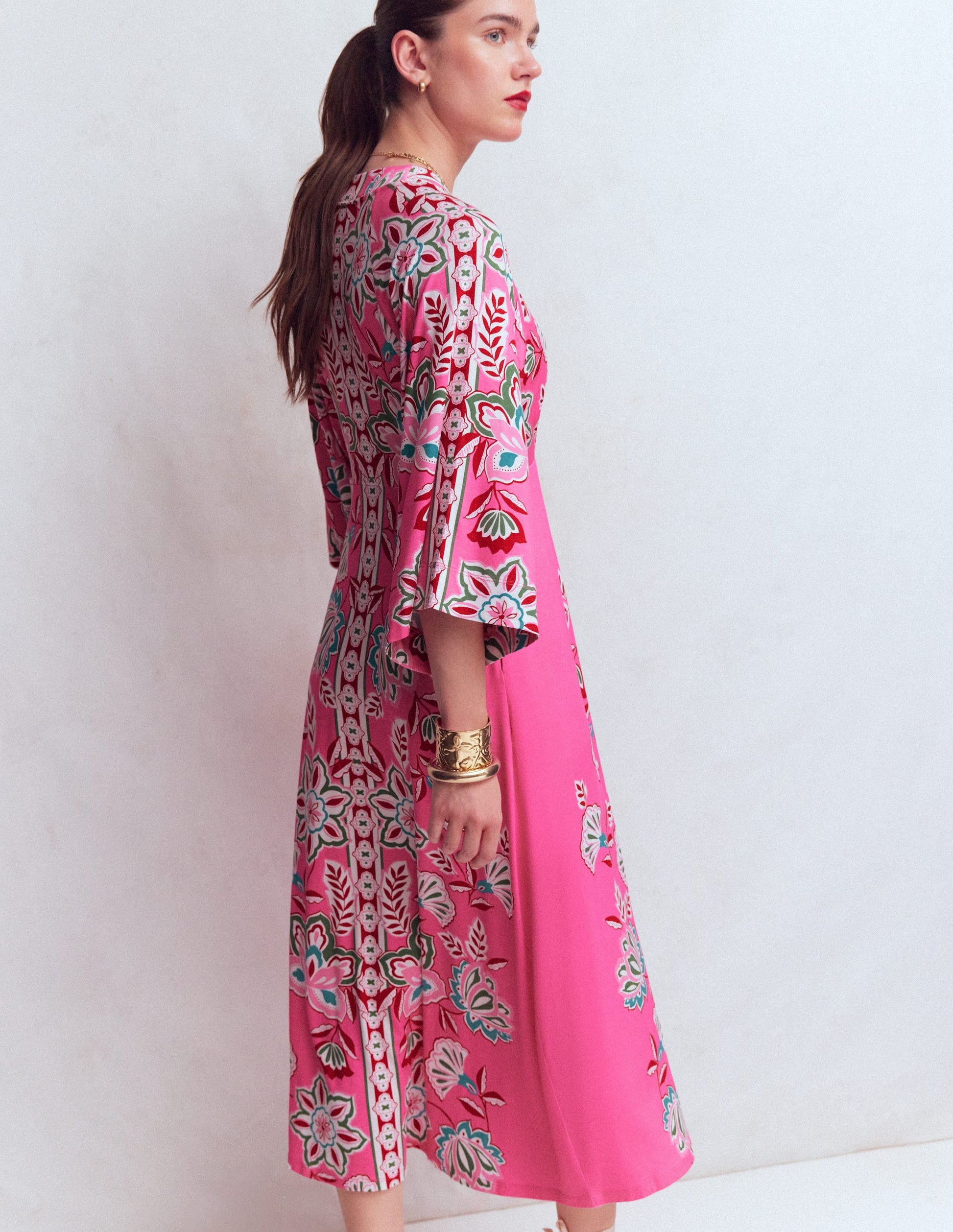 Nell Kimono Midi Jersey Dress-Pink, Blossom Elegance-7