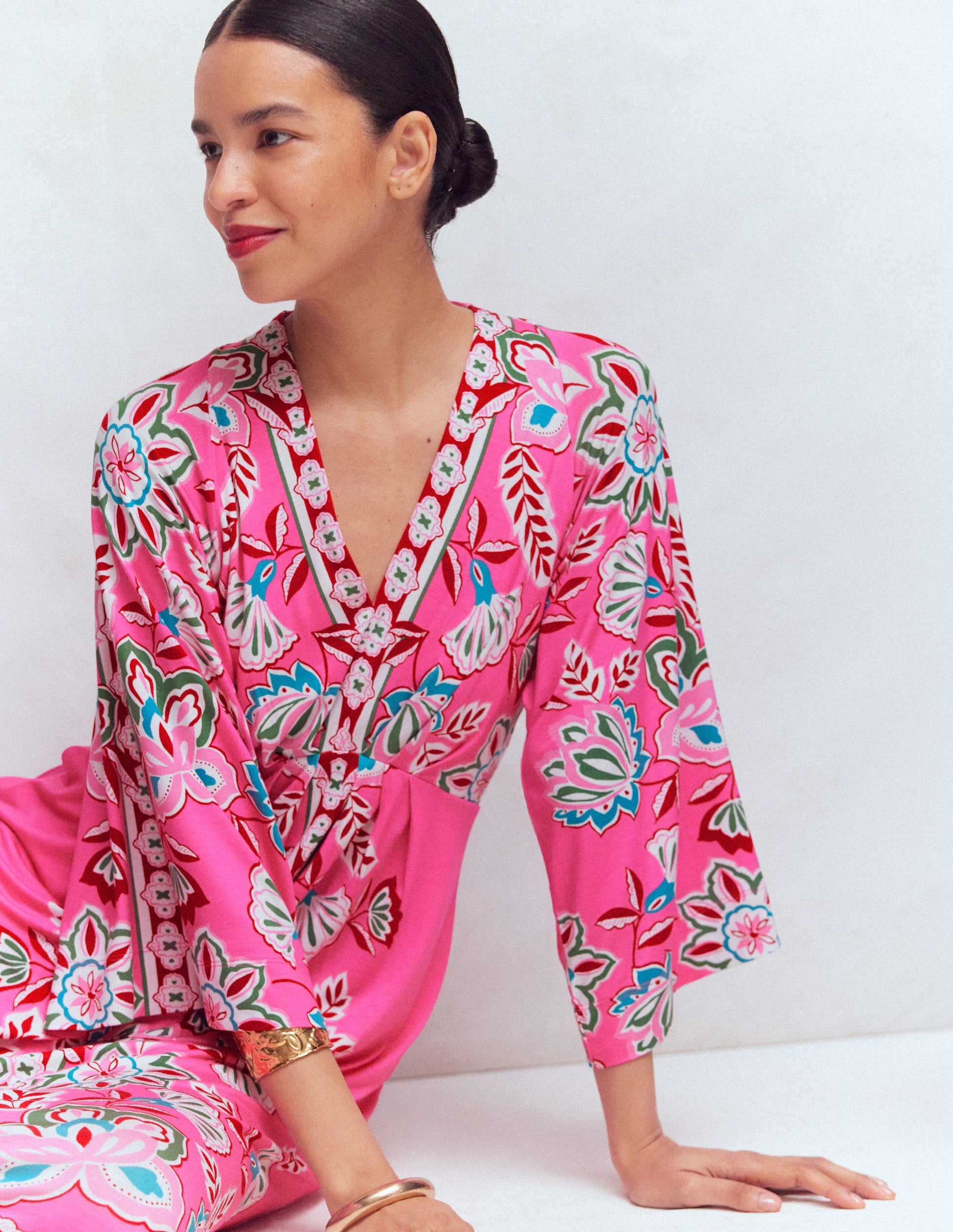 Nell Kimono Midi Jersey Dress-Pink, Blossom Elegance-8