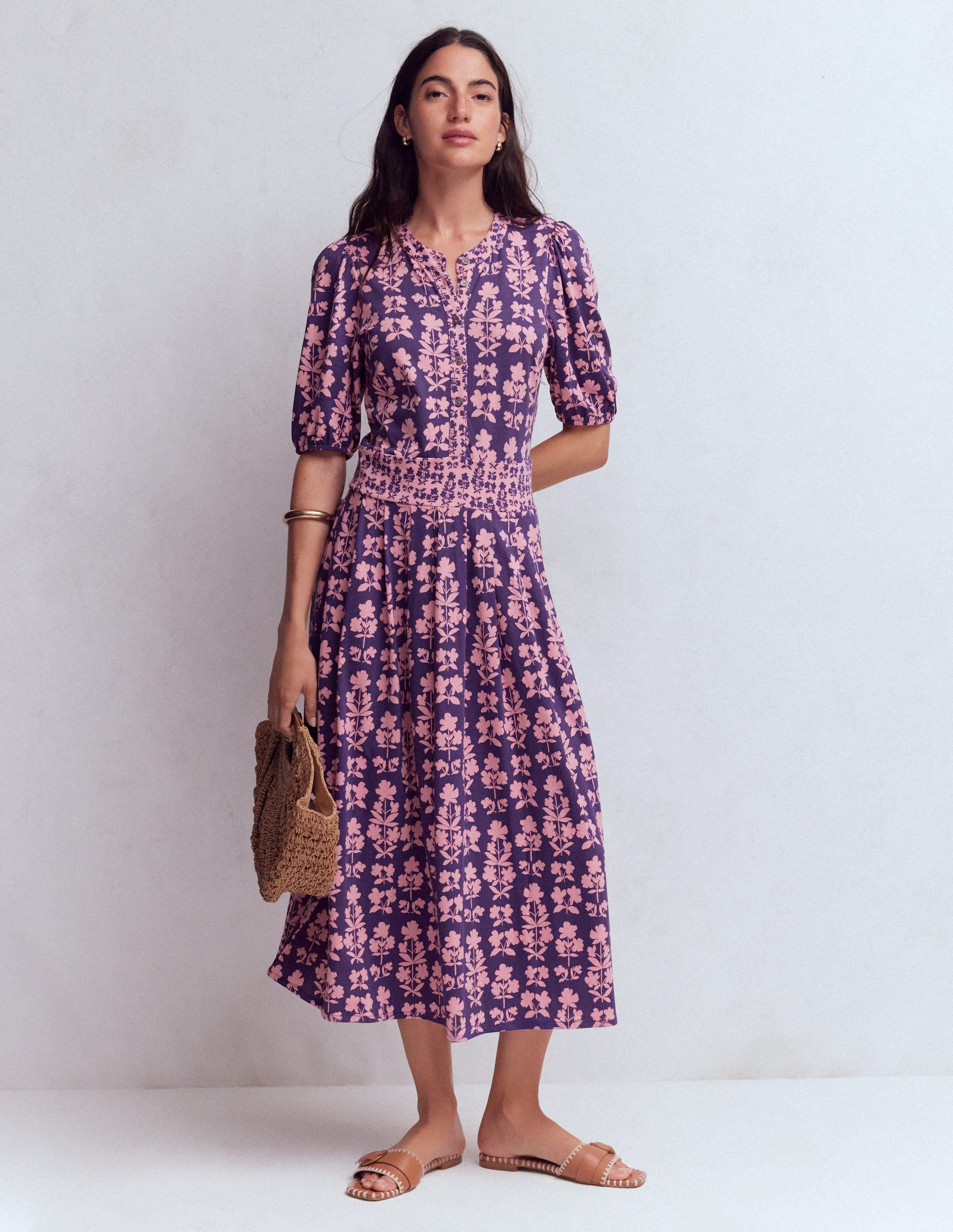 Amber Pleat Jersey Midi Dress-Calla Lilly, Blossom Grove - Image 1