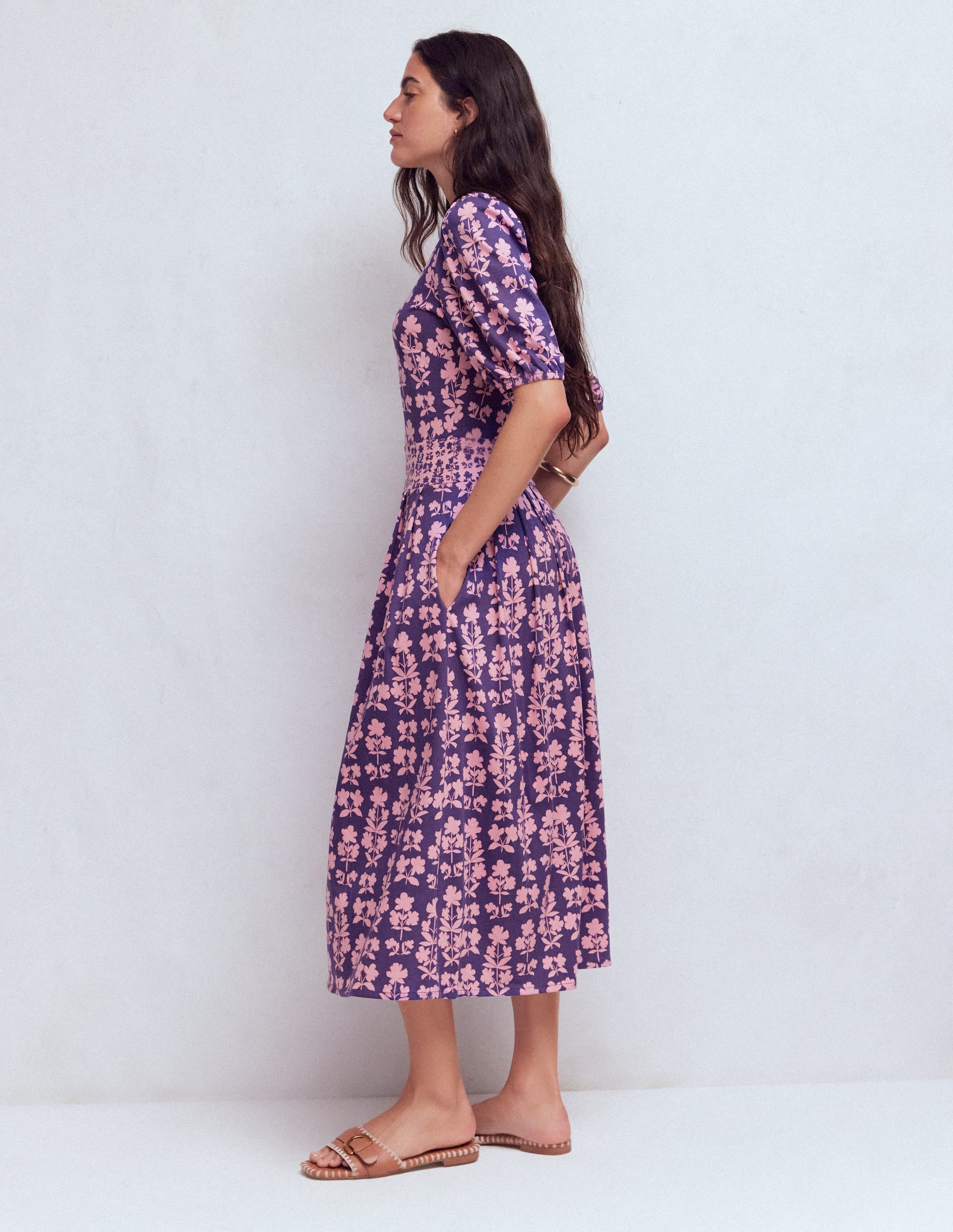 Amber Pleat Jersey Midi Dress-Calla Lilly, Blossom Grove - Image 3