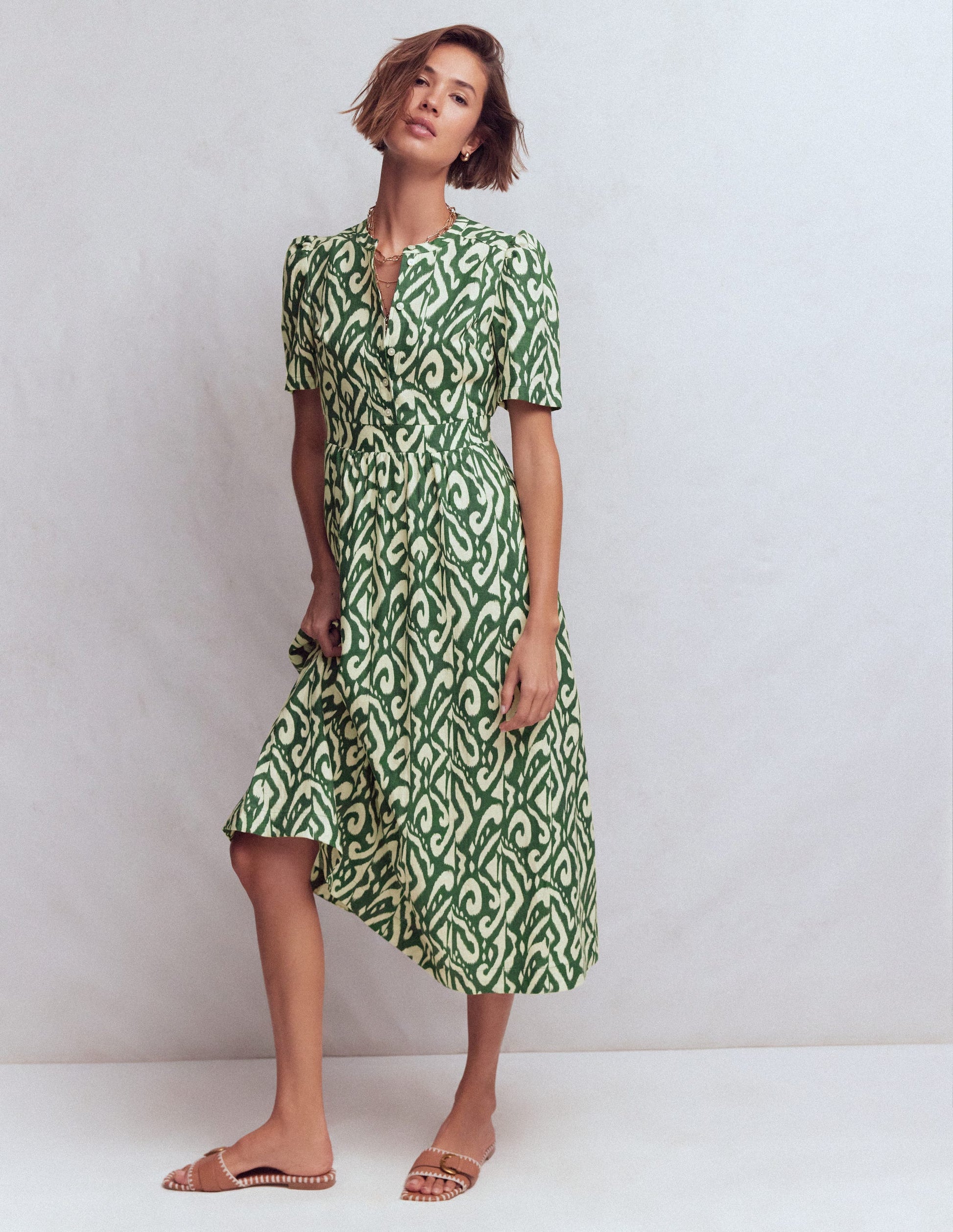 Ivy Button Linen Midi Dress-Hunter Green Ikat-4