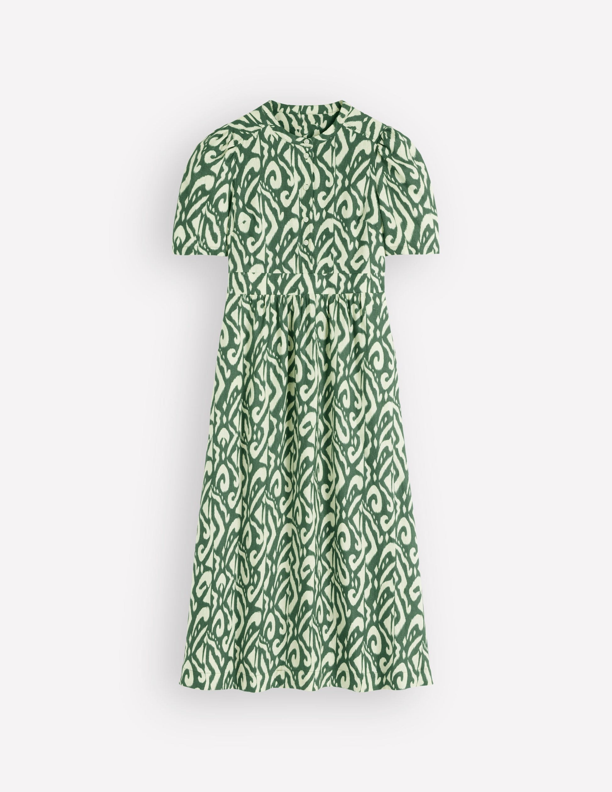 Ivy Button Linen Midi Dress-Hunter Green Ikat-5