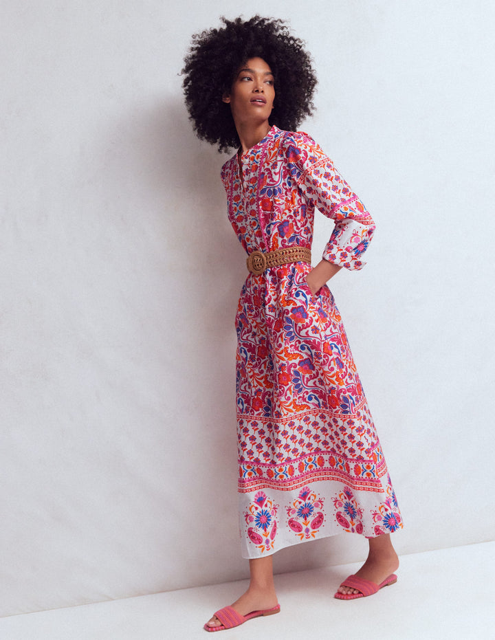 Ava Cotton Midi Dress-Pink Flourishing Meadow Border