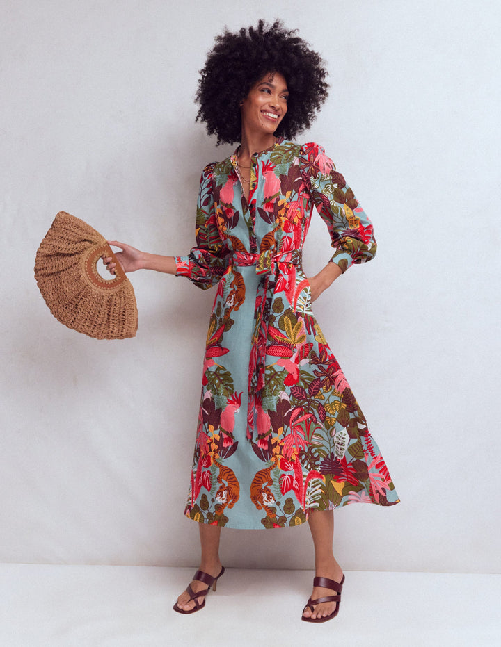 Ava Linen Blend Midi Dress-Blue Tropical Safari Placement