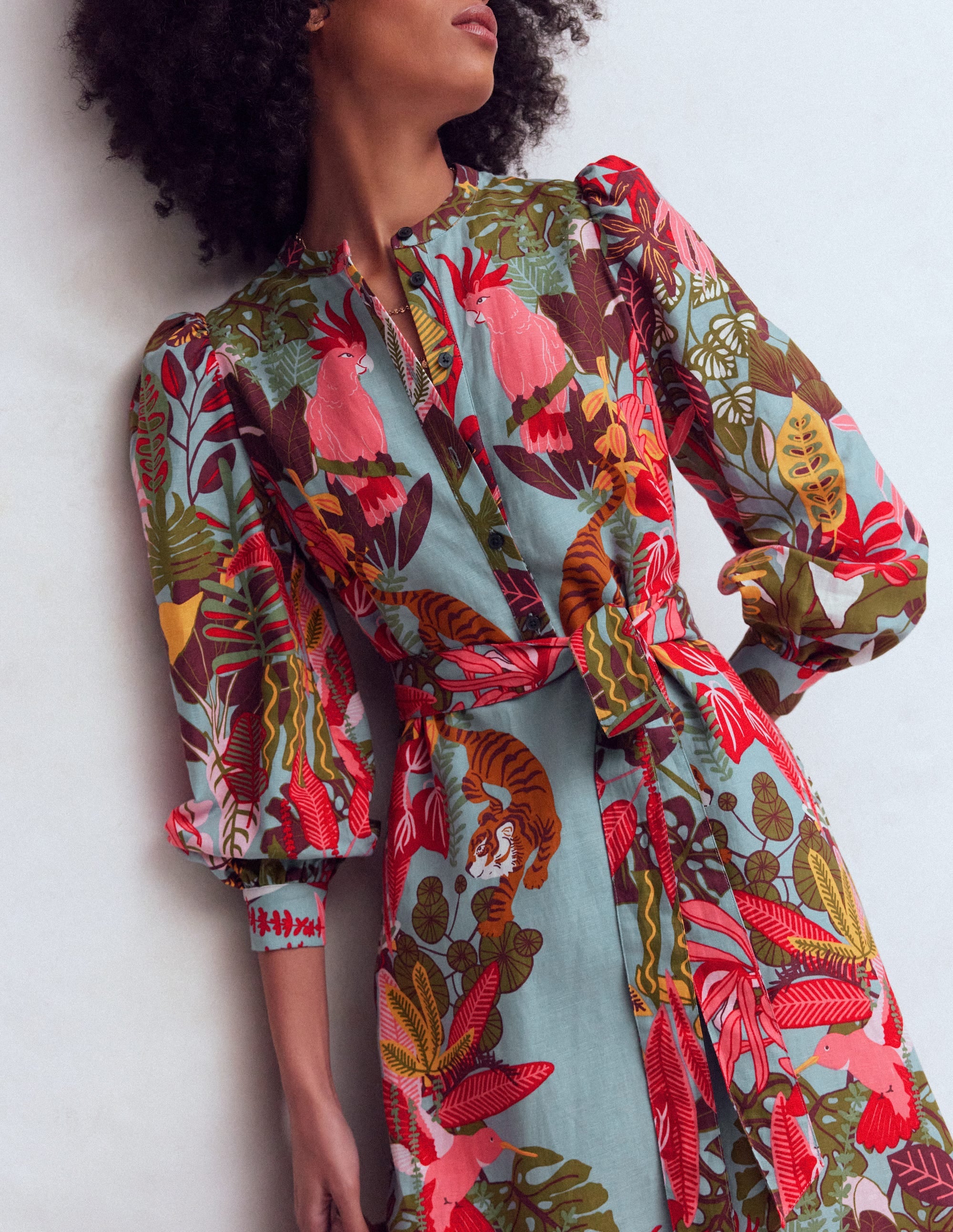 Ava Linen Blend Midi Dress-Blue Tropical Safari Placement - Image 2