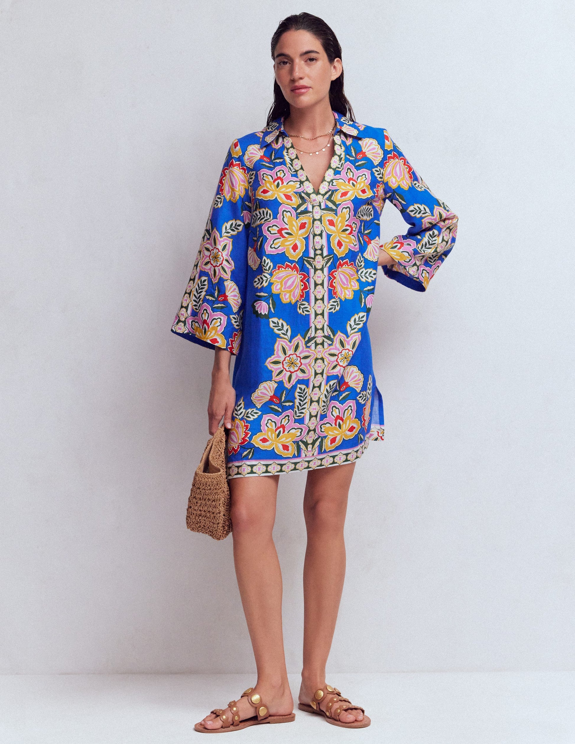 Carmen Linen Short Dress-Blue Blossom Elegance-1