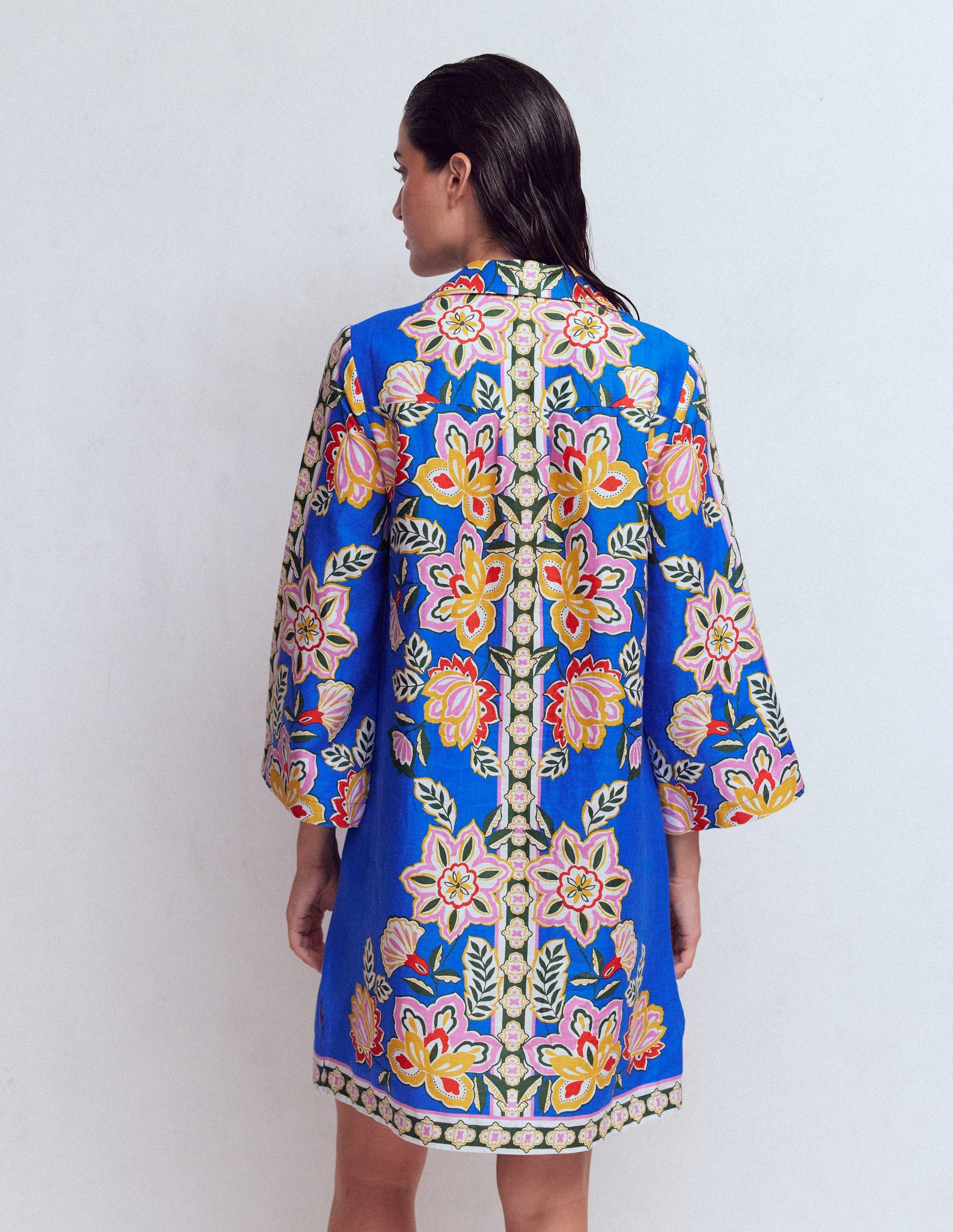 Carmen Linen Short Dress-Blue Blossom Elegance-3