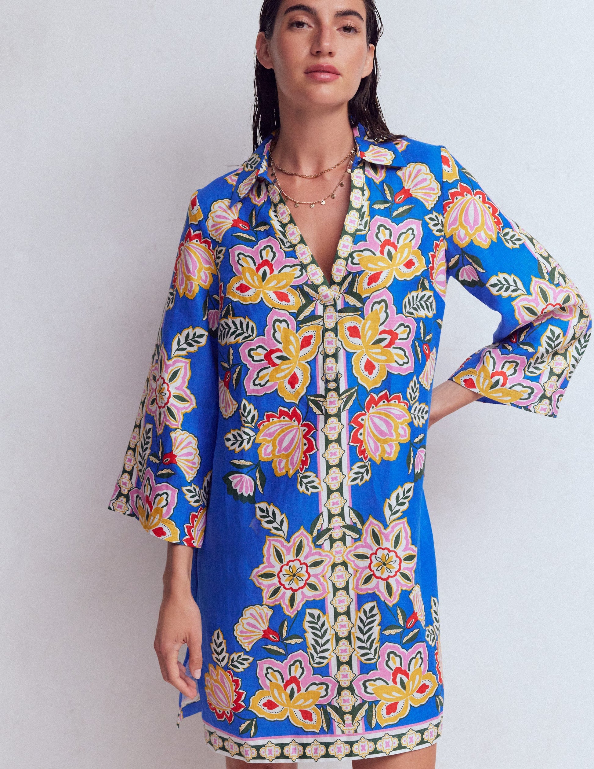 Carmen Linen Short Dress-Blue Blossom Elegance-4