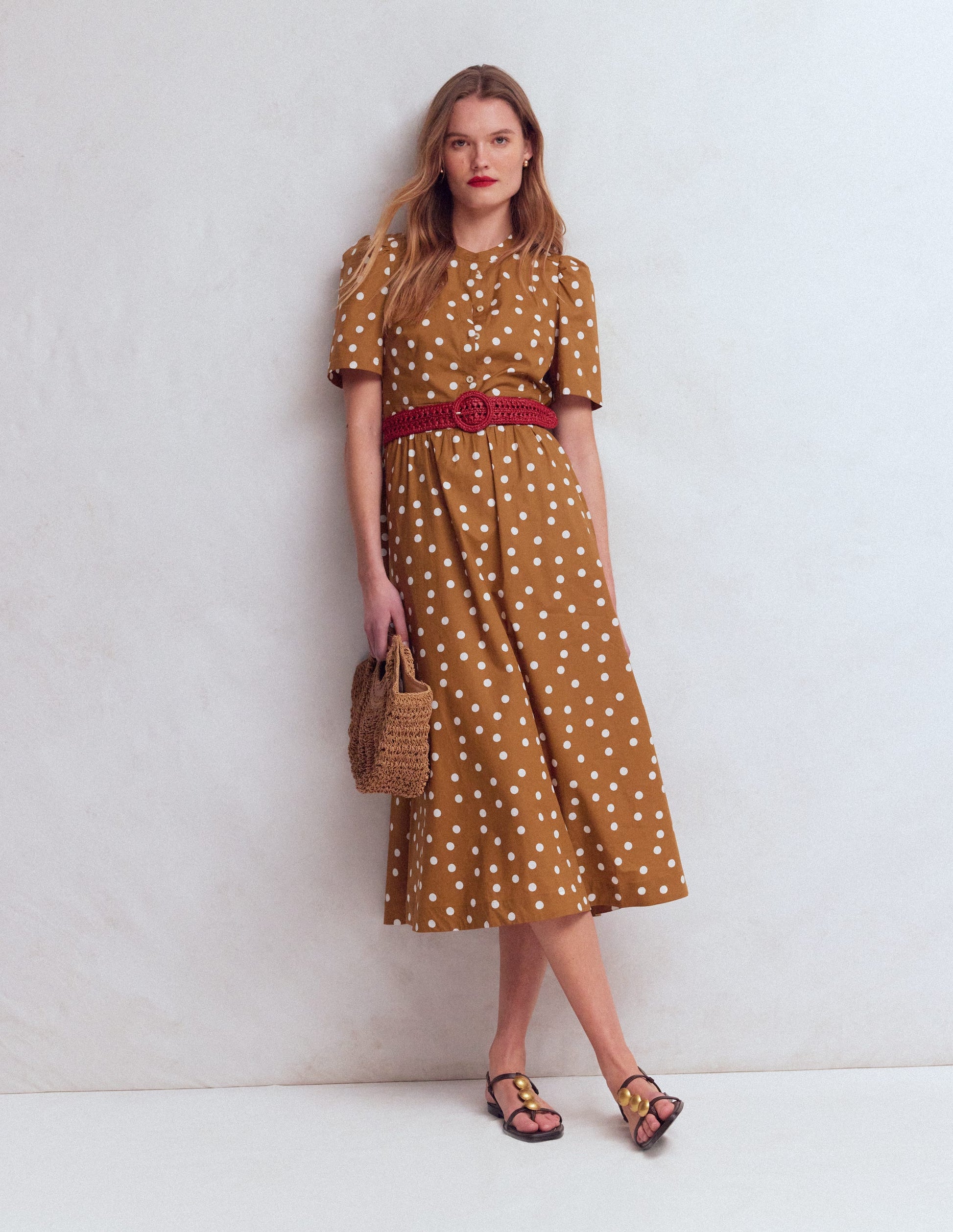 Ivy Button Cotton Midi Dress-Brown Painted Dot Spaced-1