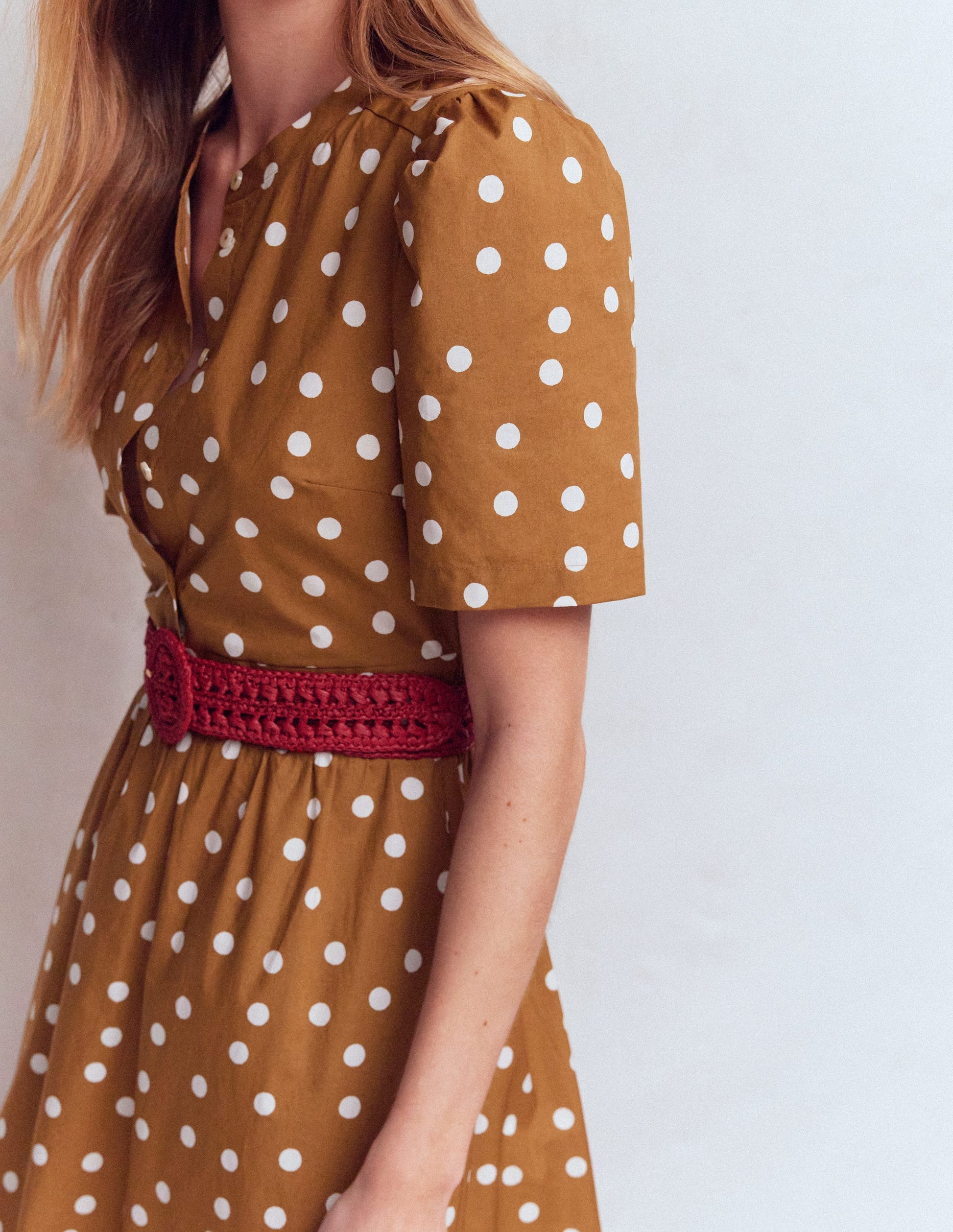 Ivy Button Cotton Midi Dress-Brown Painted Dot Spaced-2
