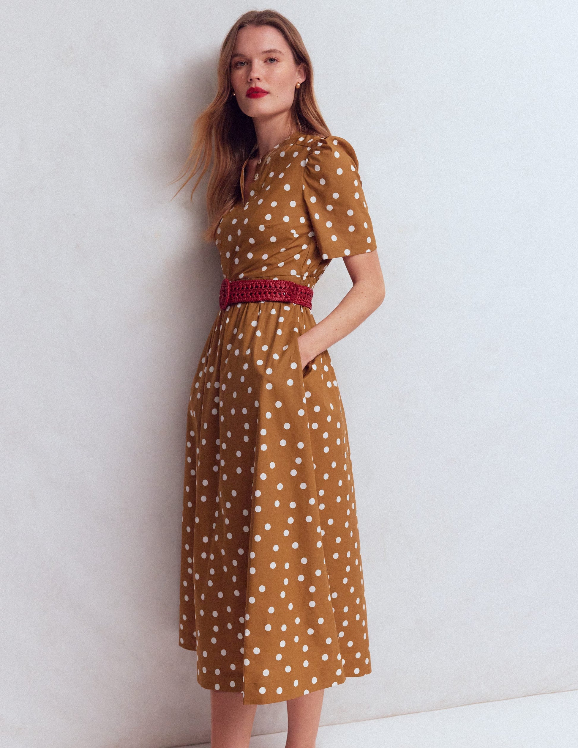 Ivy Button Cotton Midi Dress-Brown Painted Dot Spaced-3