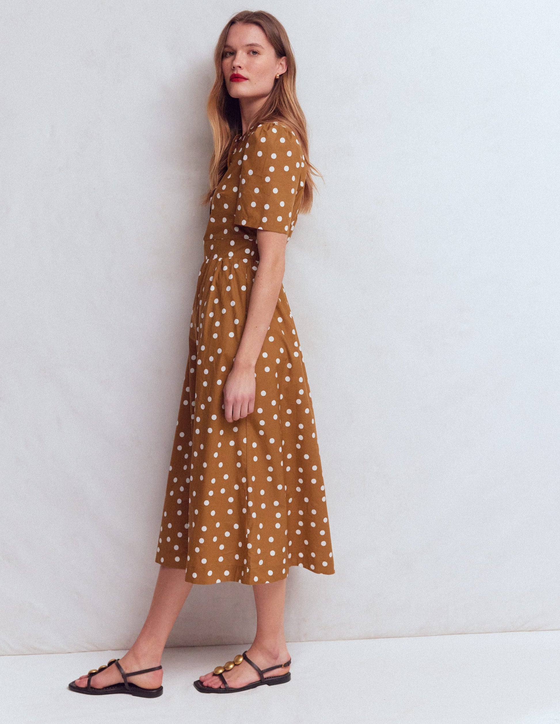 Ivy Button Cotton Midi Dress-Brown Painted Dot Spaced-4