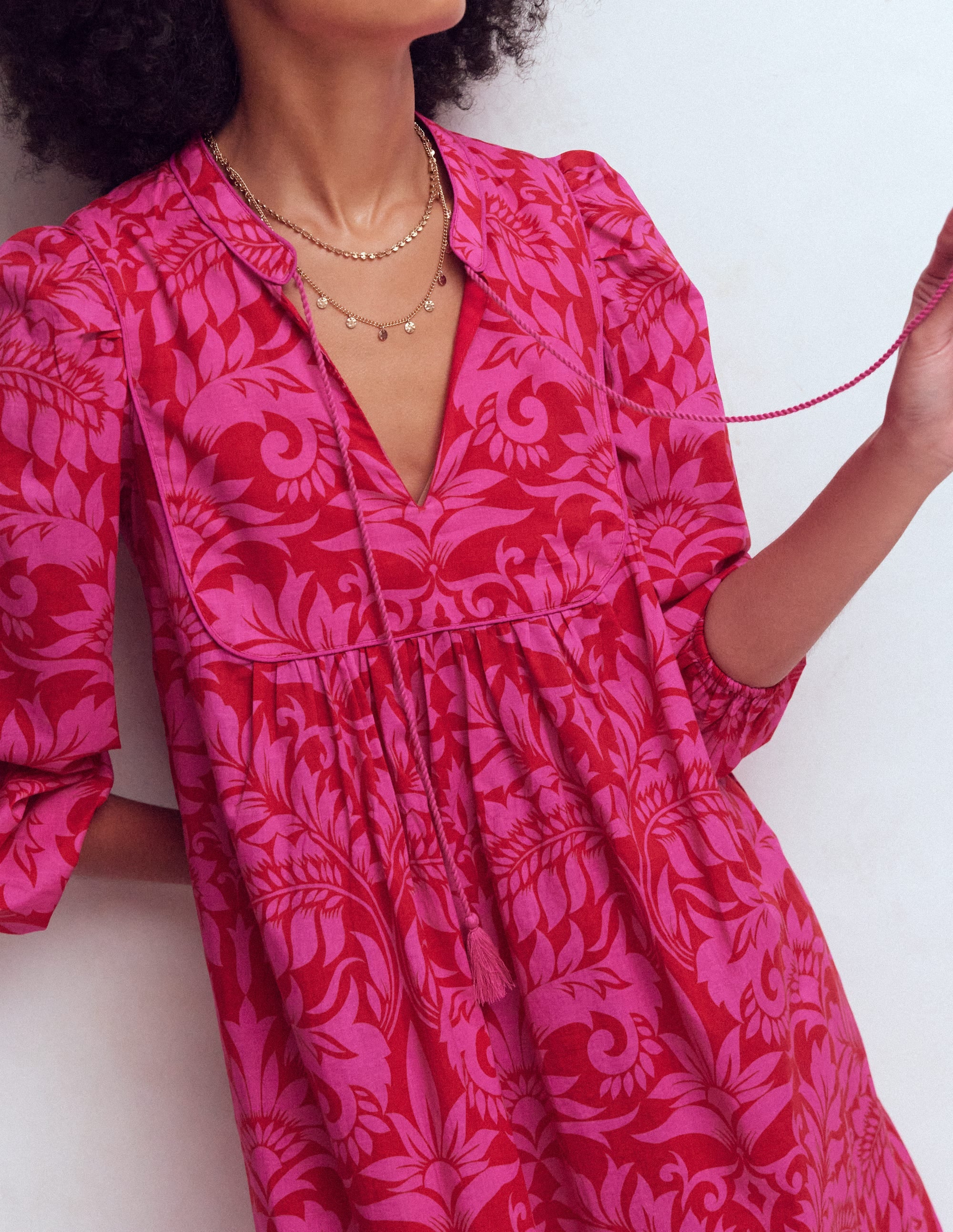 Boho Tie Neck Kaftan-Red Ornamental Foilage - Image 2