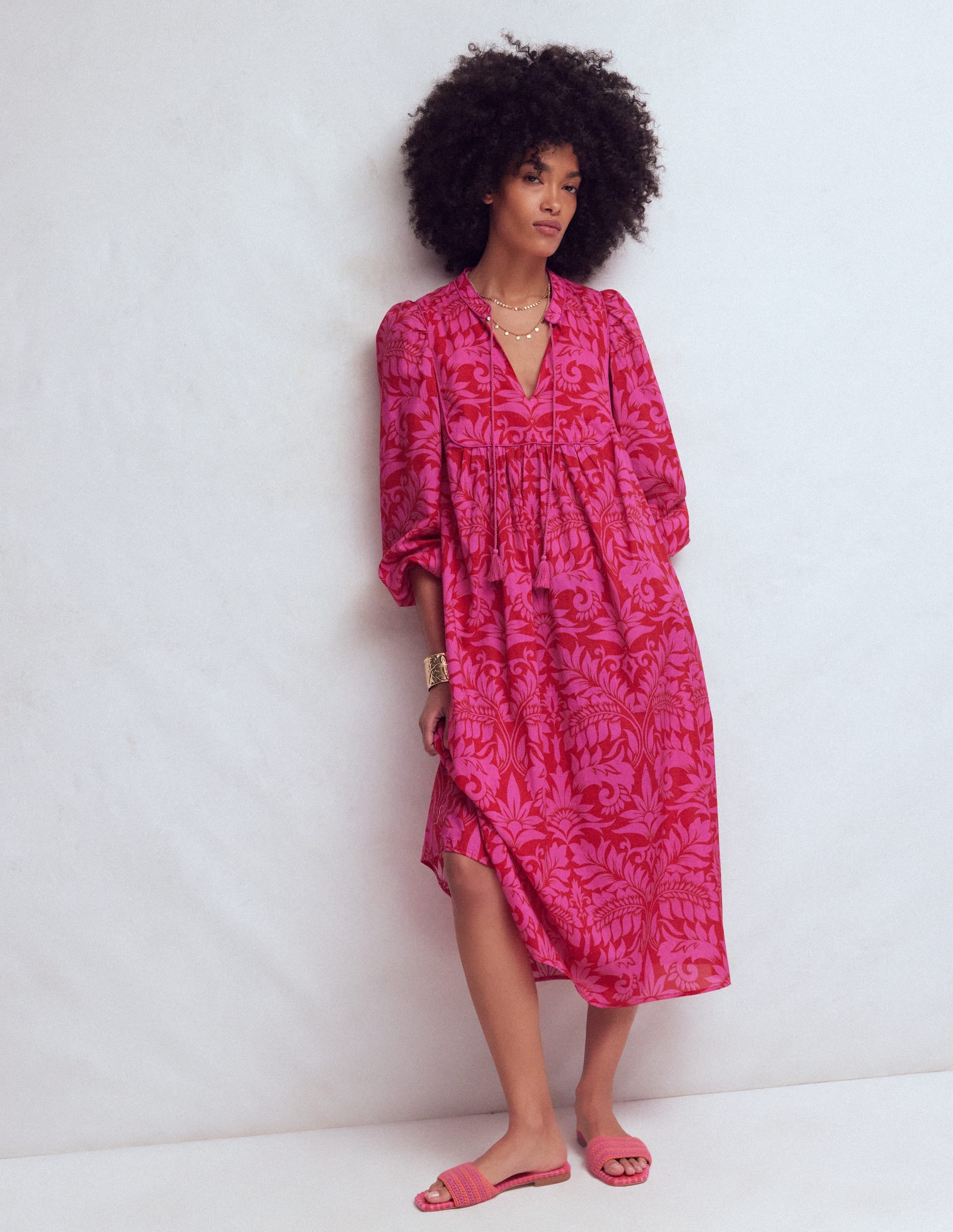 Boho Tie Neck Kaftan-Red Ornamental Foilage - Image 4