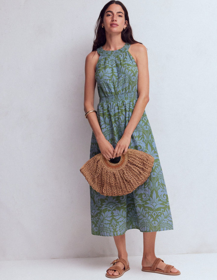 Daphne Double Cloth Dress-Green Ornamental Foliage