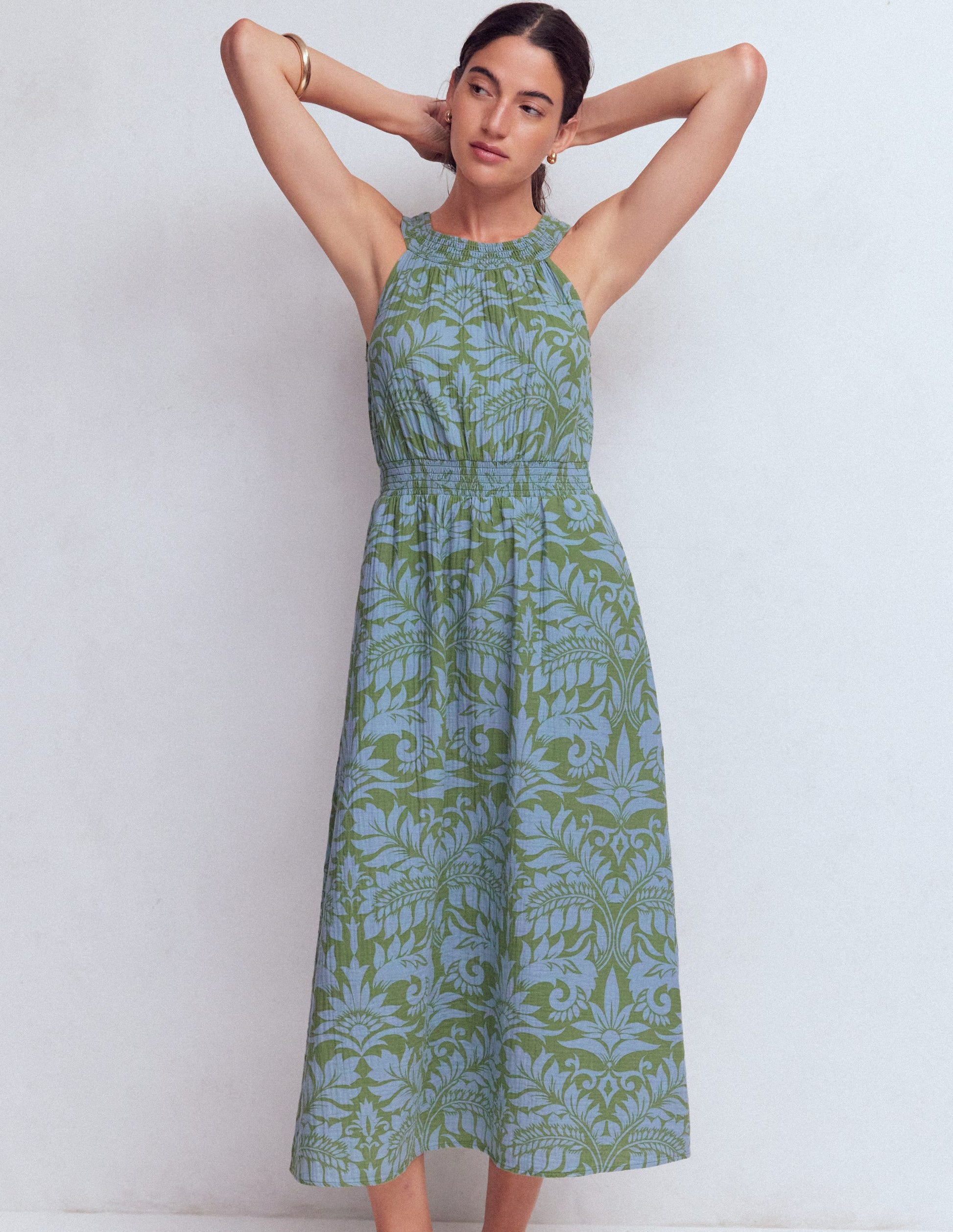 Daphne Double Cloth Dress-Green Ornamental Foliage-4