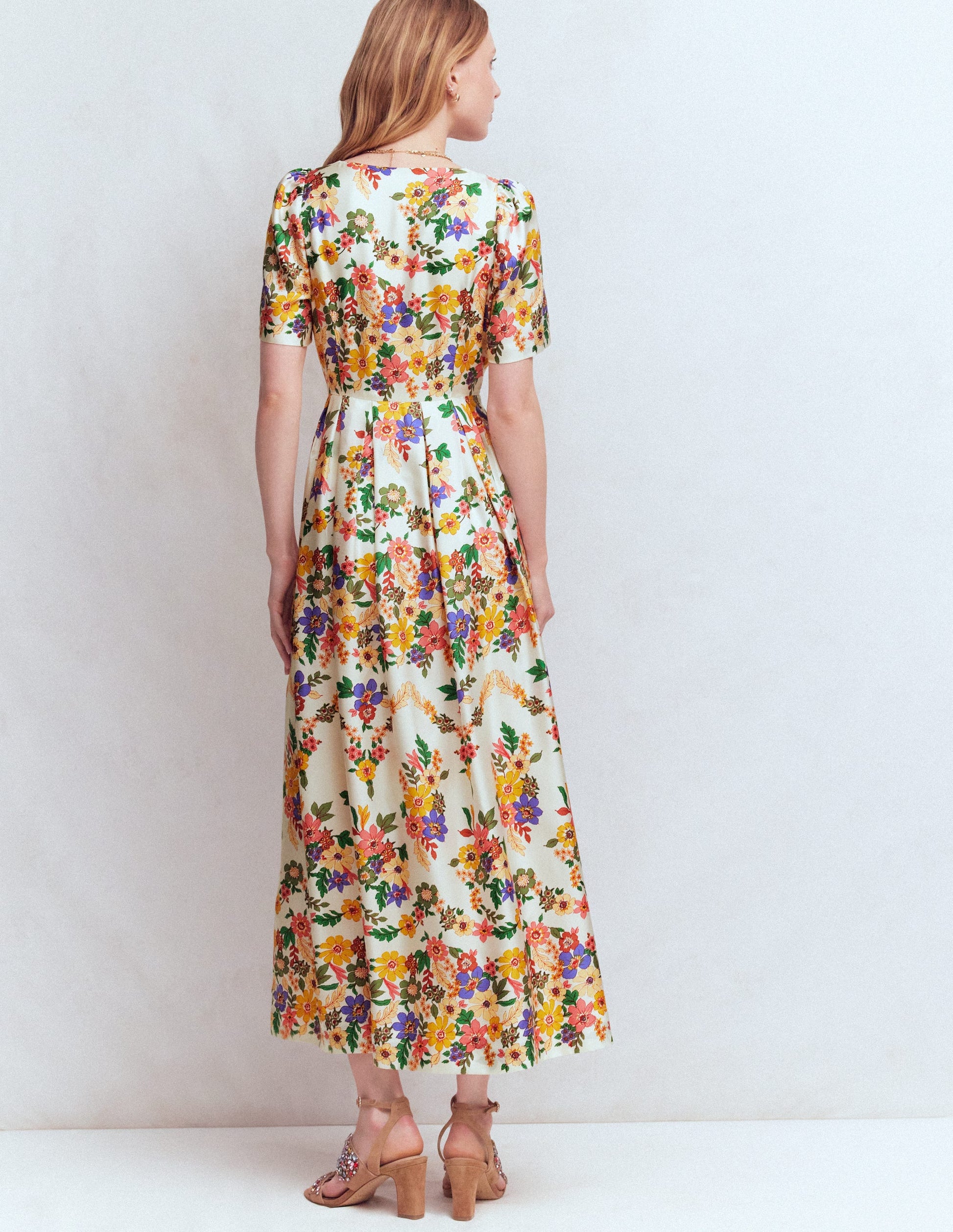 Pleat V-neck Dress-Multi Meadow Flowers-3