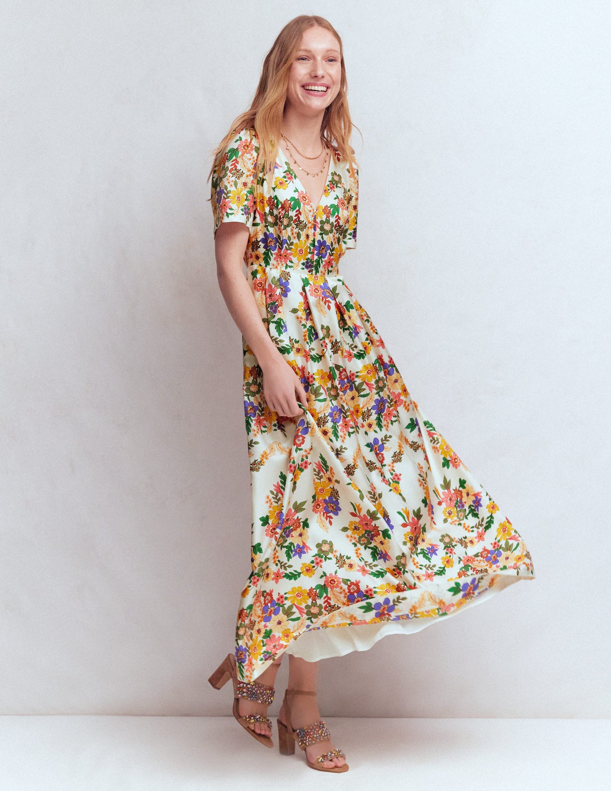 Pleat V-neck Dress-Multi Meadow Flowers-4