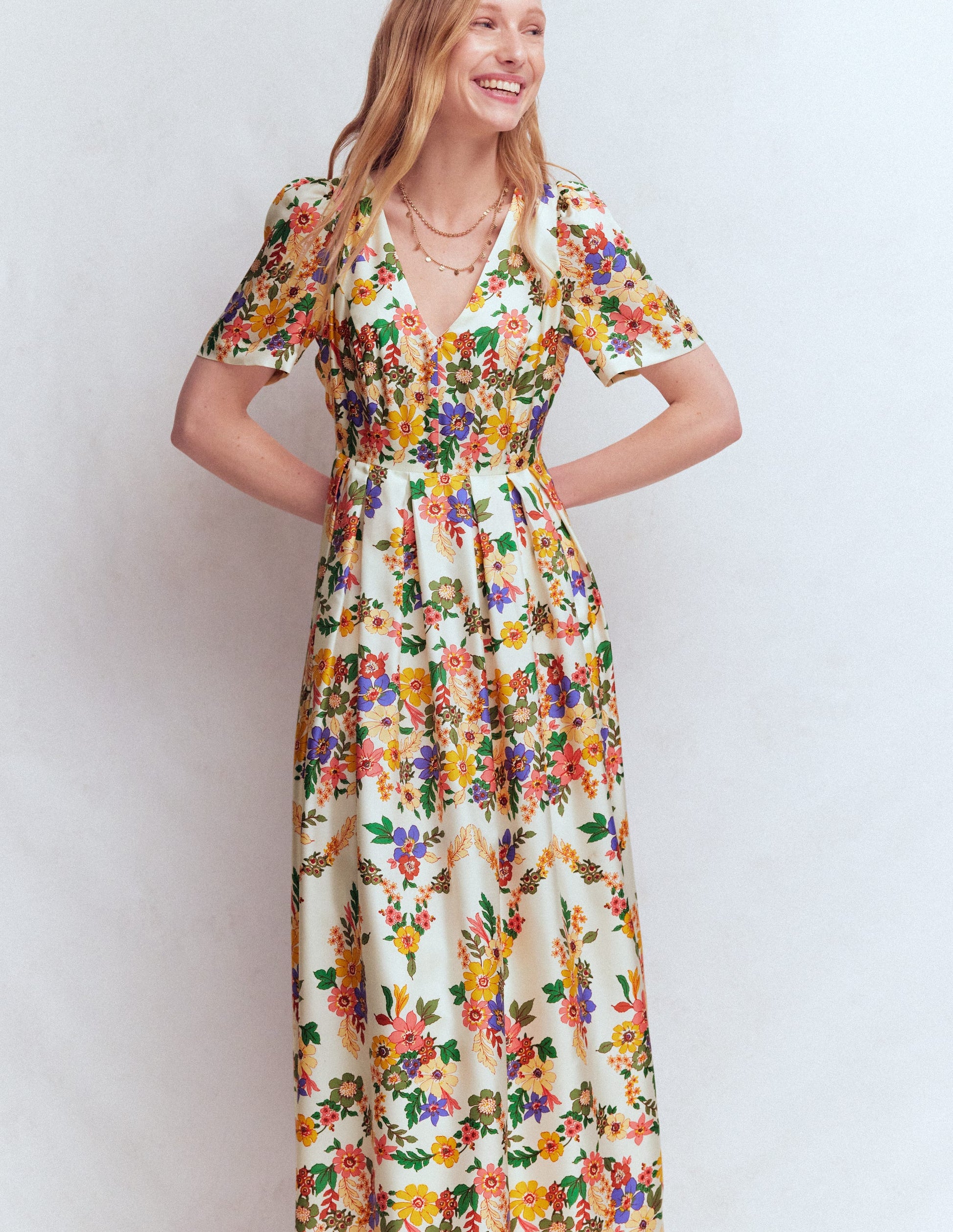 Pleat V-neck Dress-Multi Meadow Flowers-5