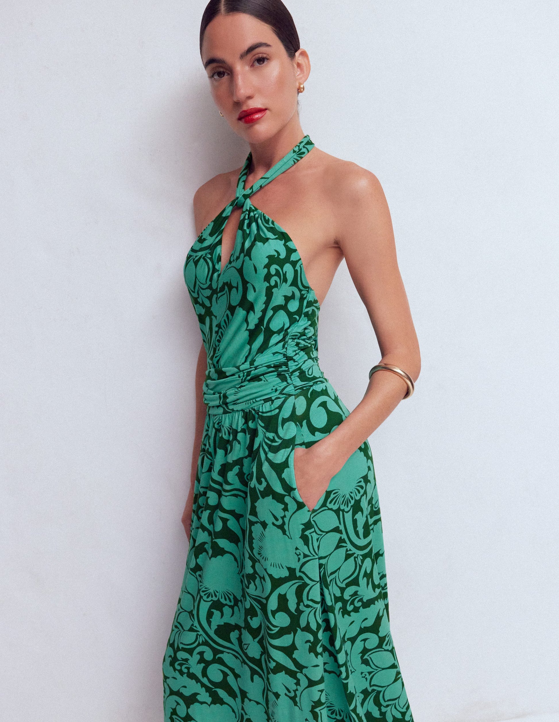 Sydney Twist Neck Jersey Dress-Green, Flourishing Meadow-4