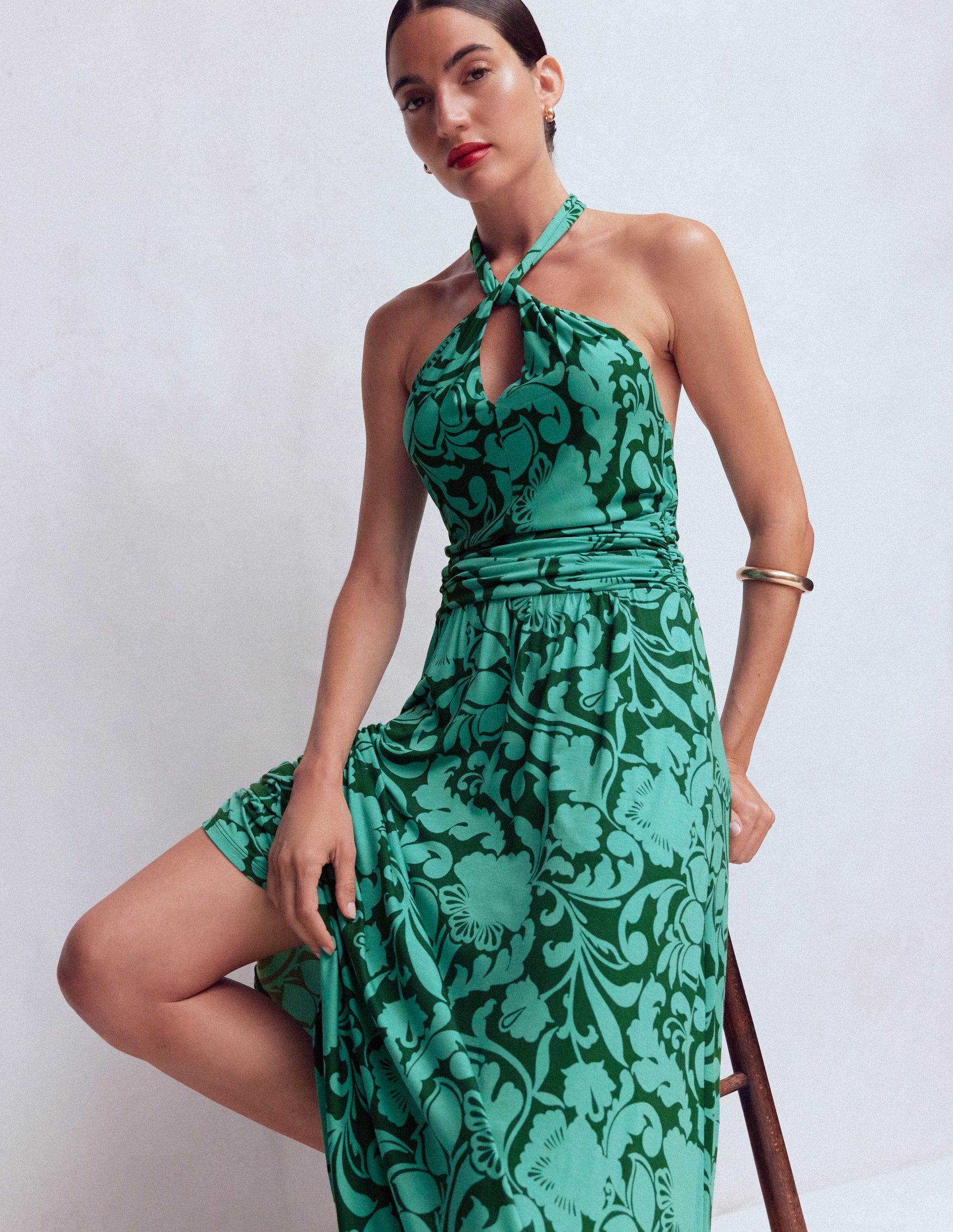 Sydney Twist Neck Jersey Dress-Green, Flourishing Meadow-5