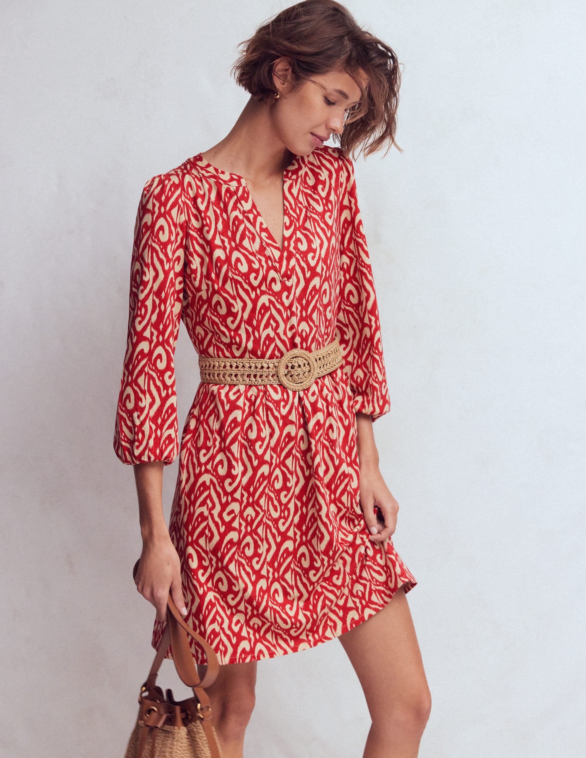 Cathy Notch Neck Jersey Dress-Merida Red, Ikat - Image 1