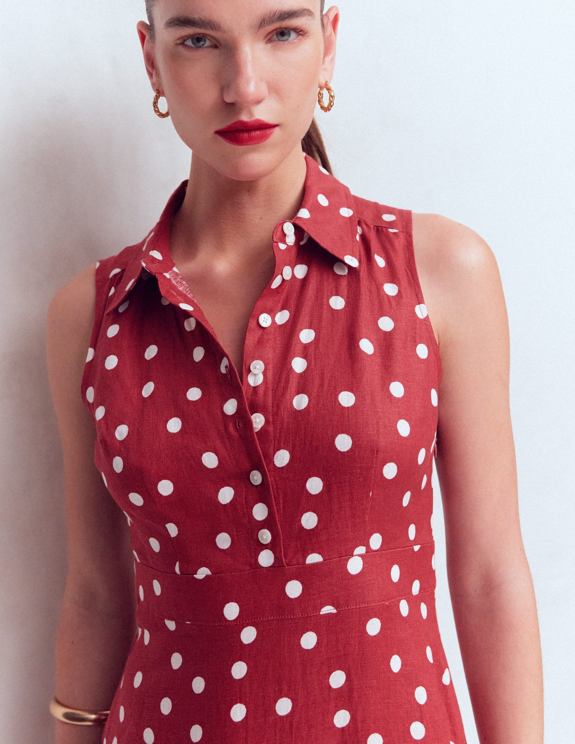 Erma Drop Waist Linen Dress-Red Painted Dot Spaced-2