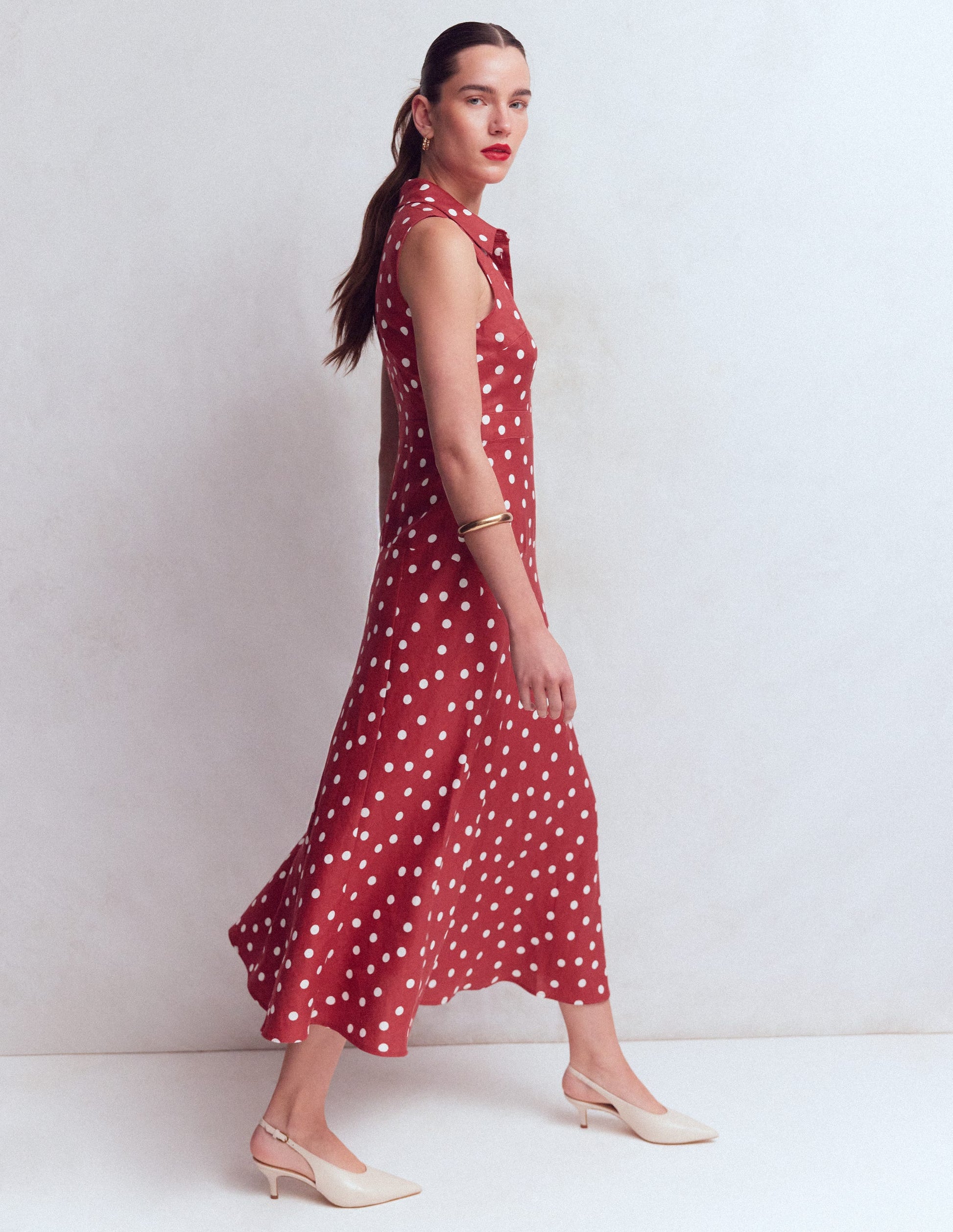Erma Drop Waist Linen Dress-Red Painted Dot Spaced-3