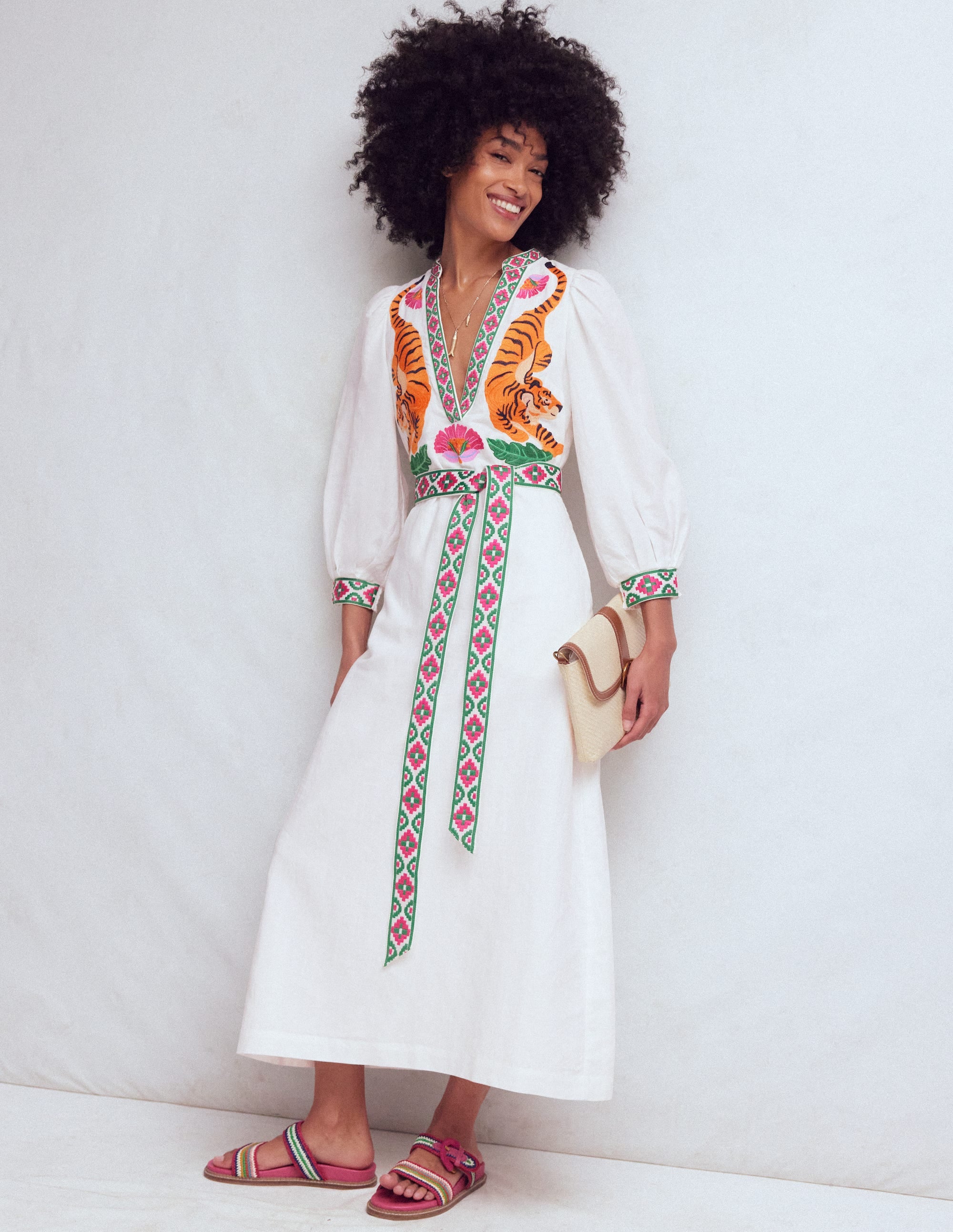 Octavia Linen Blend Dress-Tiger Embroidery - Image 1