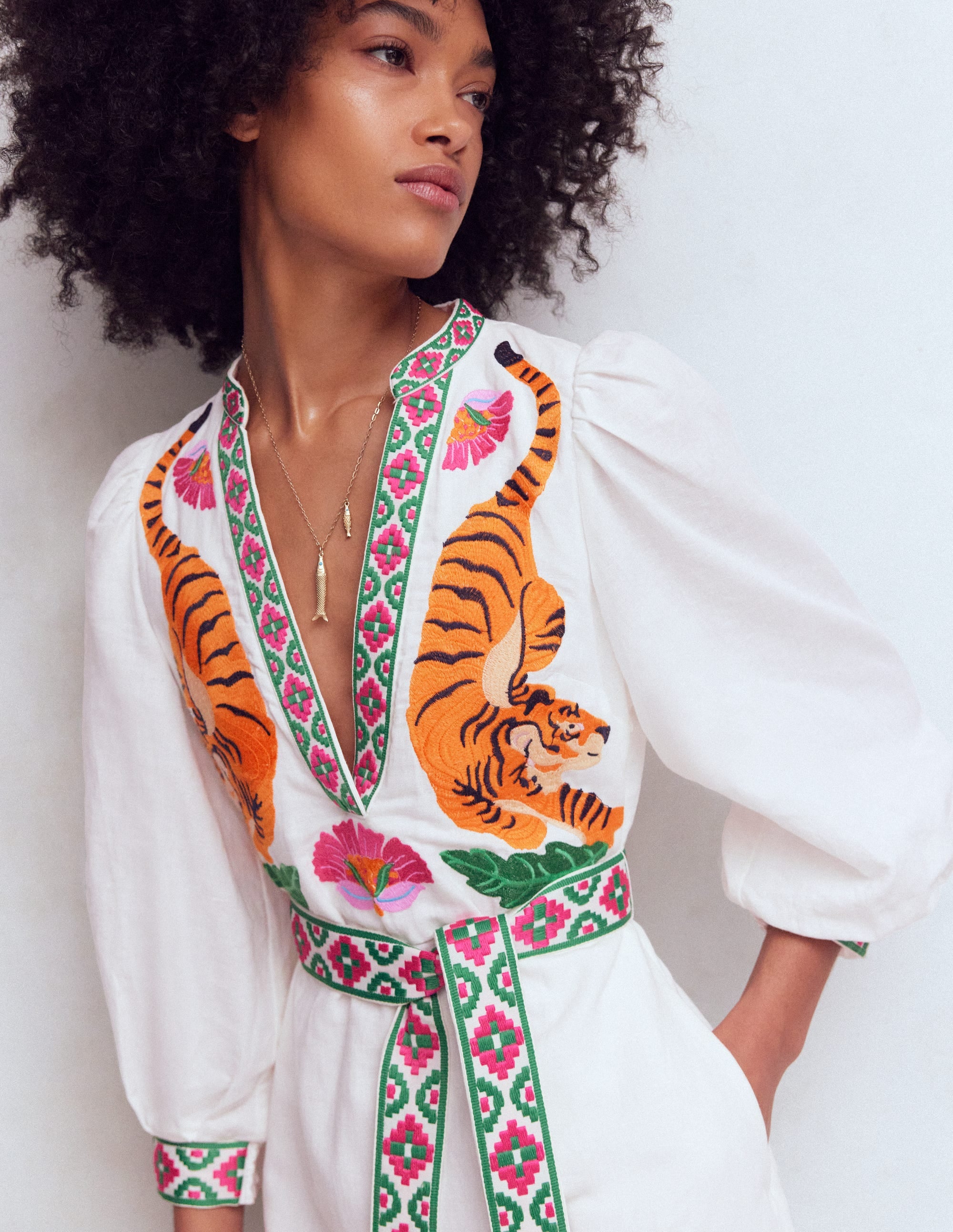 Octavia Linen Blend Dress-Tiger Embroidery - Image 2
