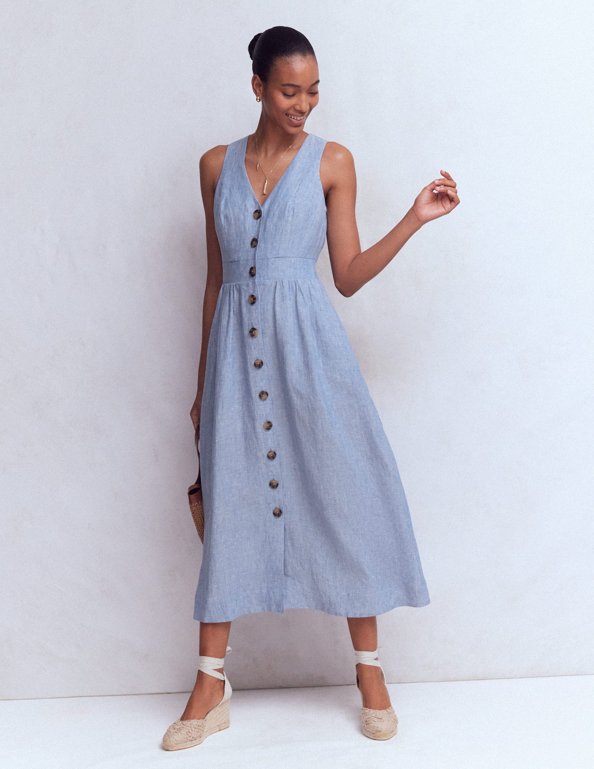 Catherine Button Linen Dress-Chambray-1