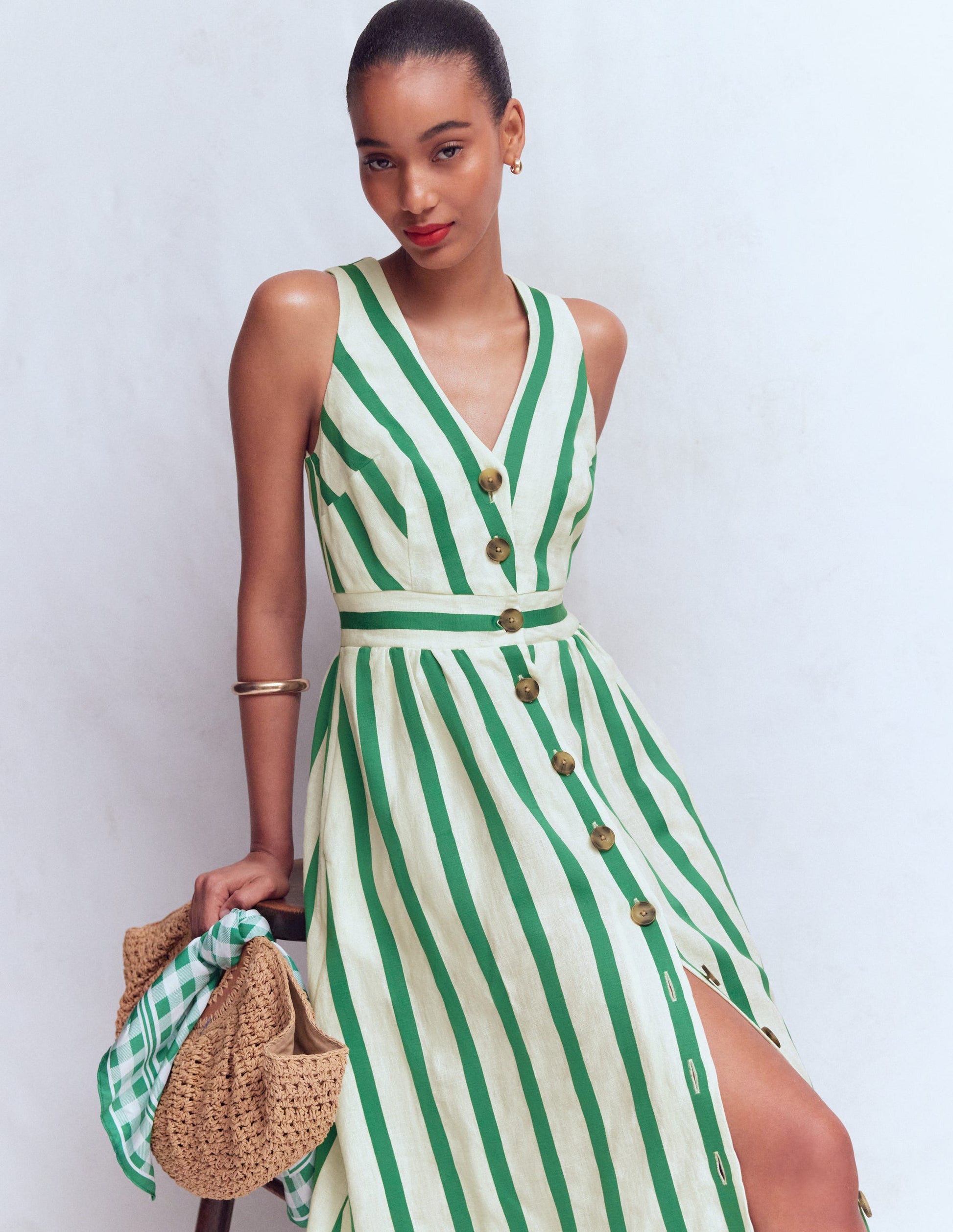 Catherine Button Linen Dress-Ivory and Green Satin Stripe-2