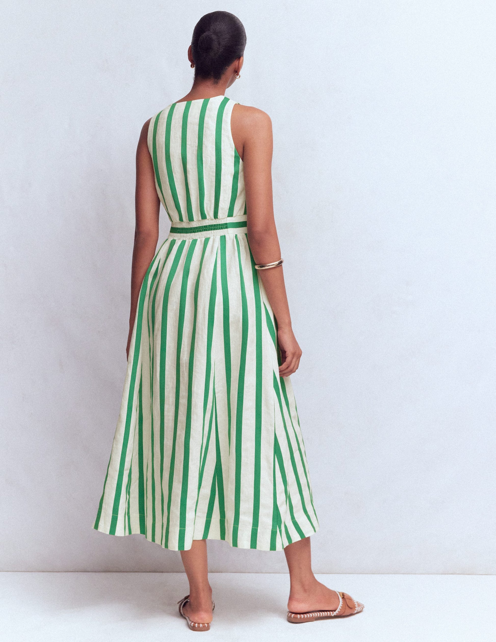 Catherine Button Linen Dress-Ivory and Green Satin Stripe-4