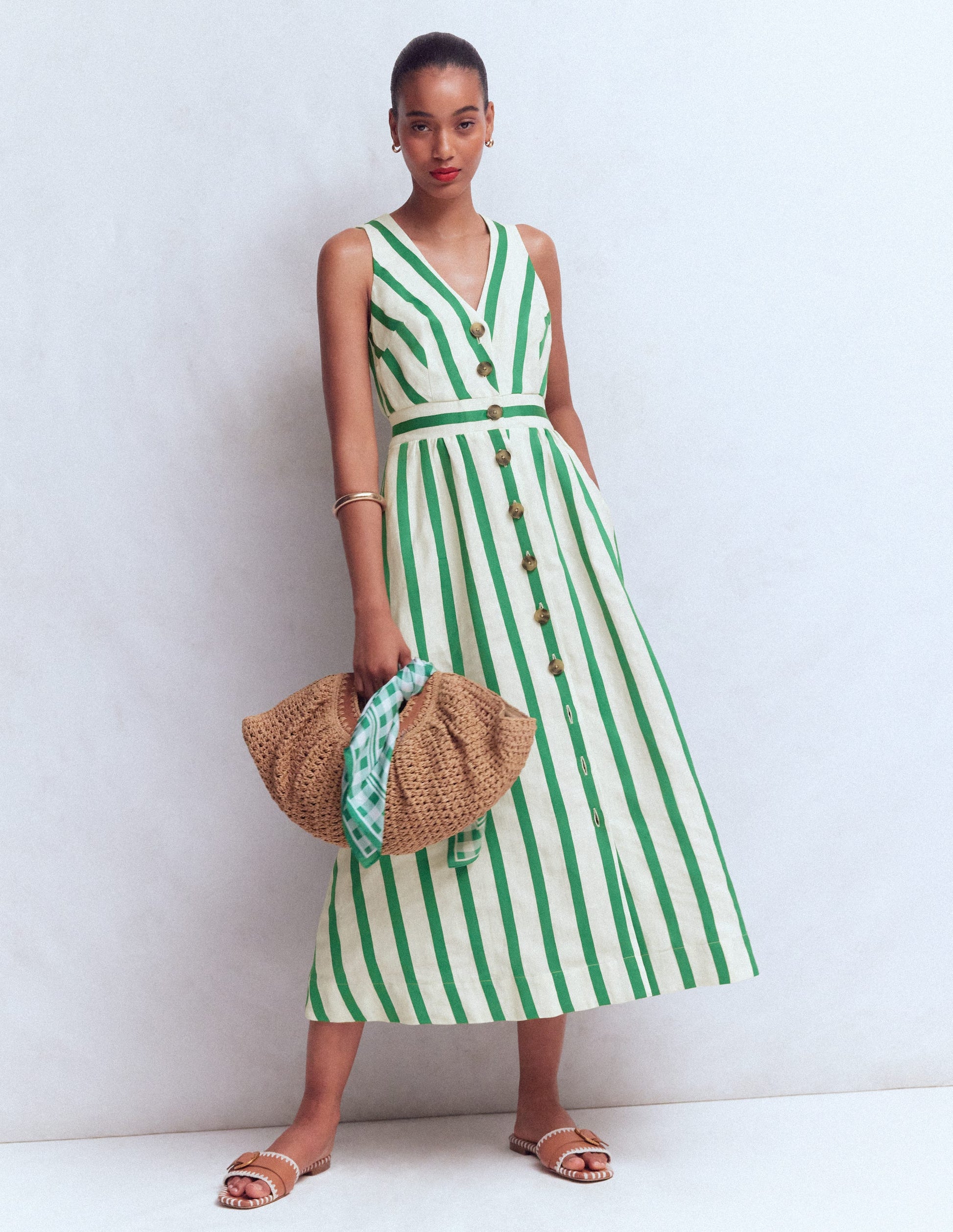 Catherine Button Linen Dress-Ivory and Green Satin Stripe-5