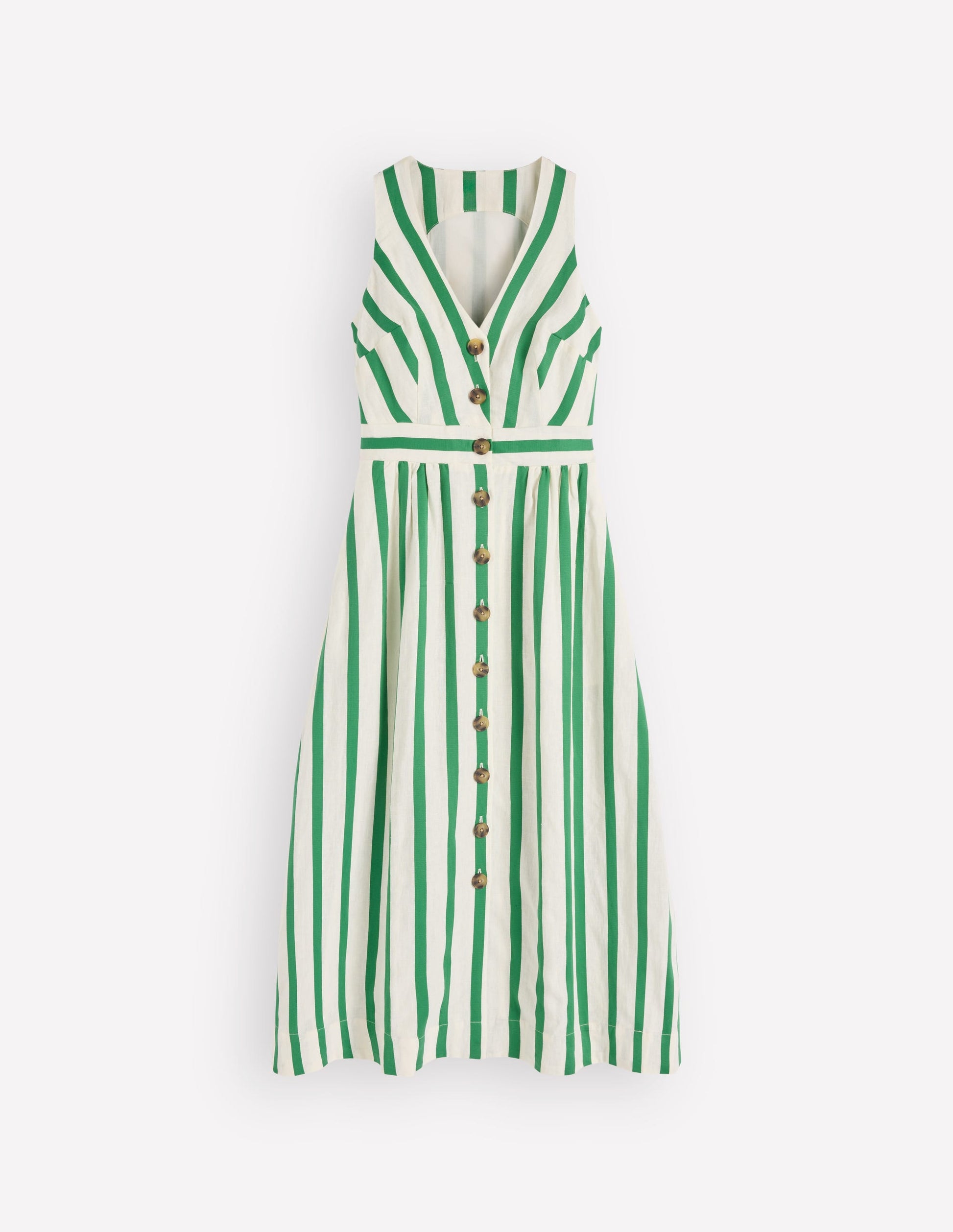 Catherine Button Linen Dress-Ivory and Green Satin Stripe-6
