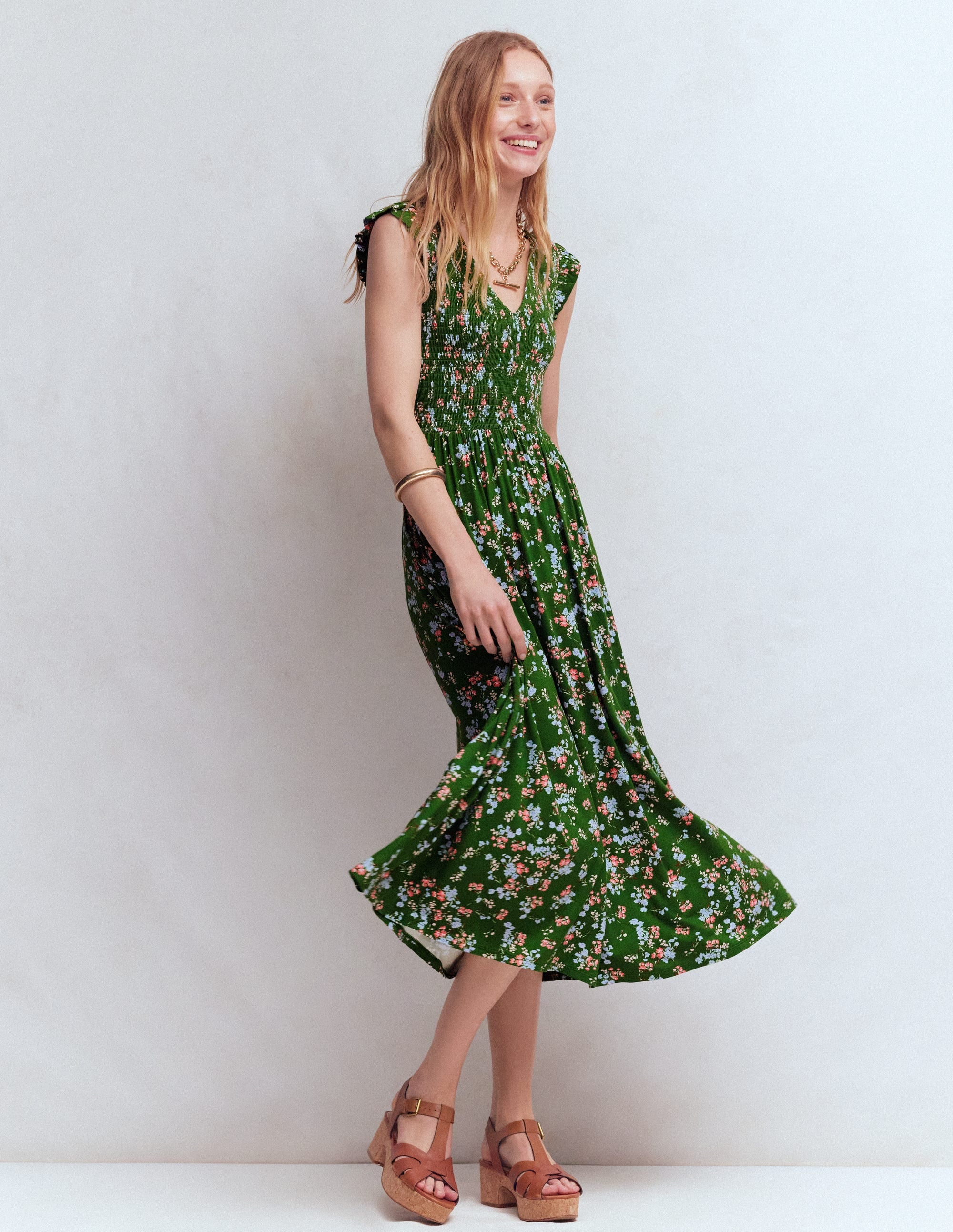 Smocked Jersey Midi Dress-Promenade Green, Bloom Scatter - Image 1